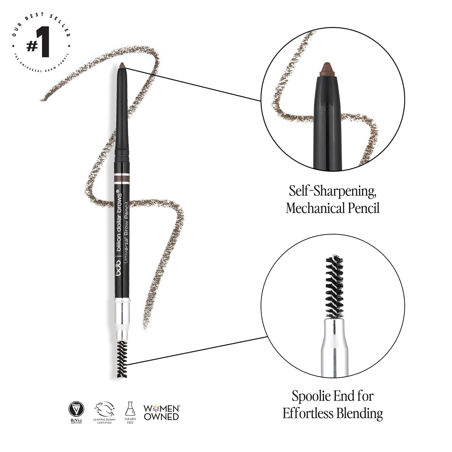 bdb Universal Eyebrow Pencil – Precision Tip & Spoolie, Waterproof, Buildable, 4-Pack | Billion Dollar Brows