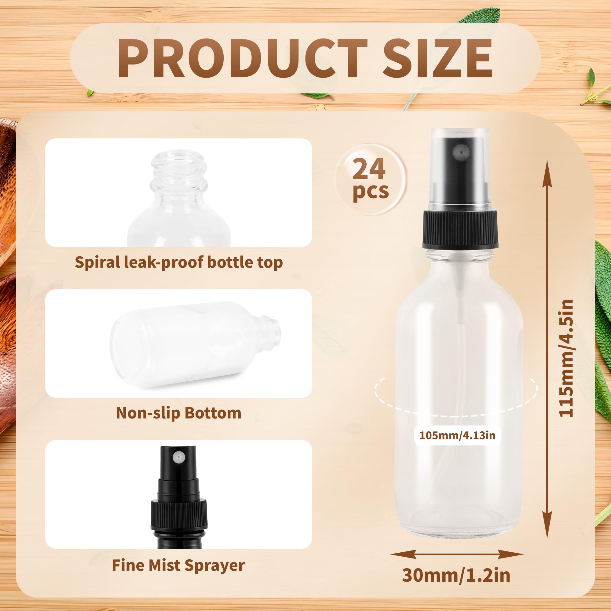 BILLIONSTARS 24 Pack 2oz Amber Glass Boston Round Bottles with Fine Mist Sprayers – Leakproof Travel Bottles