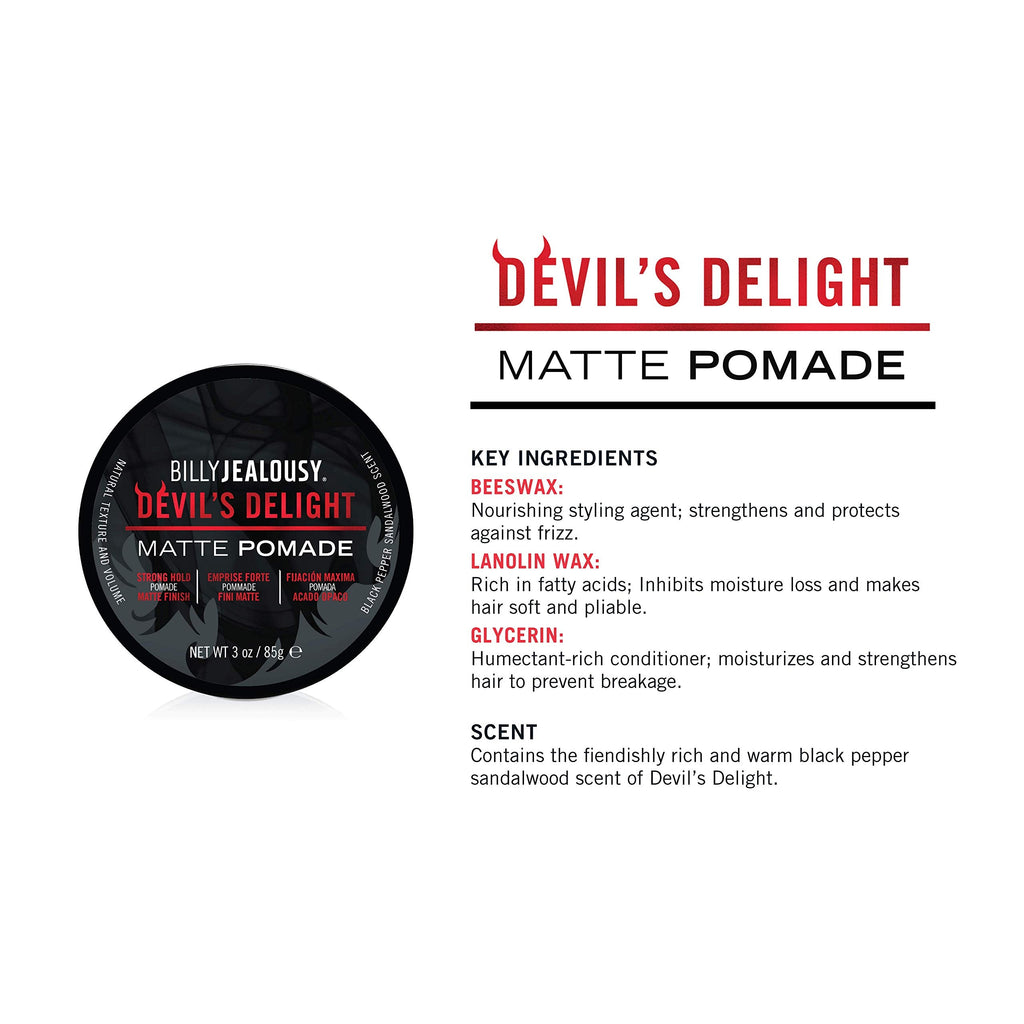 Billy Jealousy Devil's Delight Matte Pomade for Men – Strong Hold, Water-Based, Black Pepper Sandalwood, 3 oz