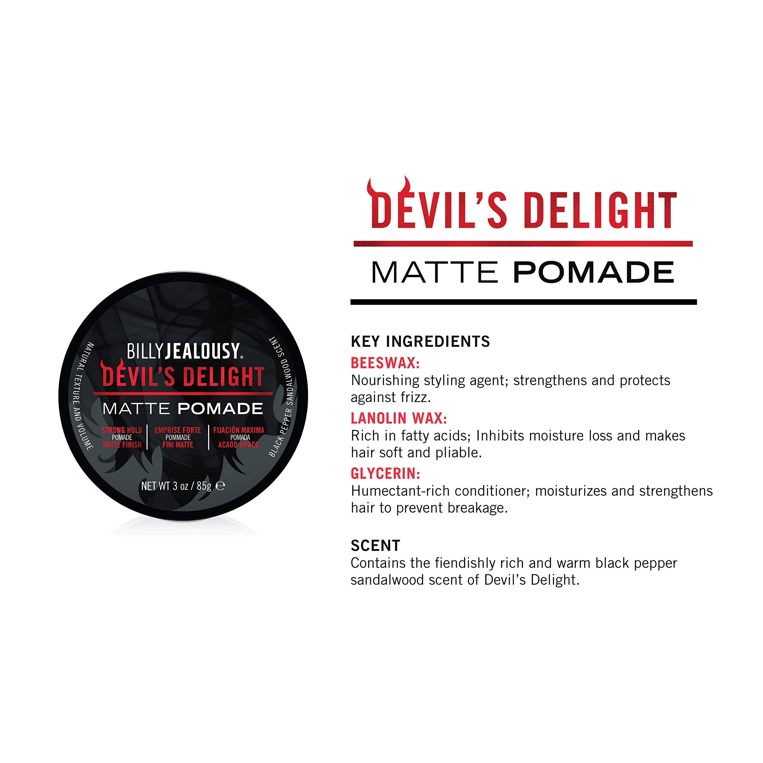Billy Jealousy Devil's Delight Matte Pomade for Men – Strong Hold, Water-Based, Black Pepper Sandalwood, 3 oz
