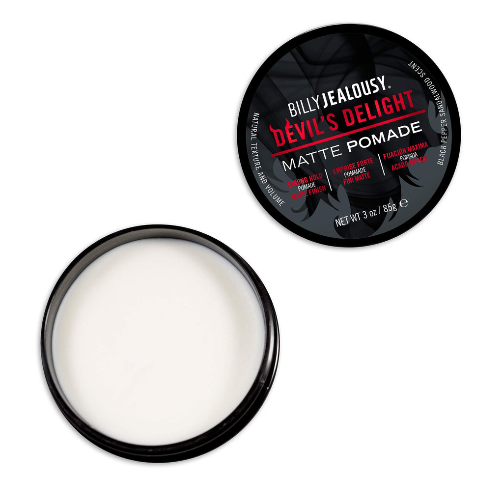 Billy Jealousy Devil's Delight Matte Pomade for Men – Strong Hold, Water-Based, Black Pepper Sandalwood, 3 oz