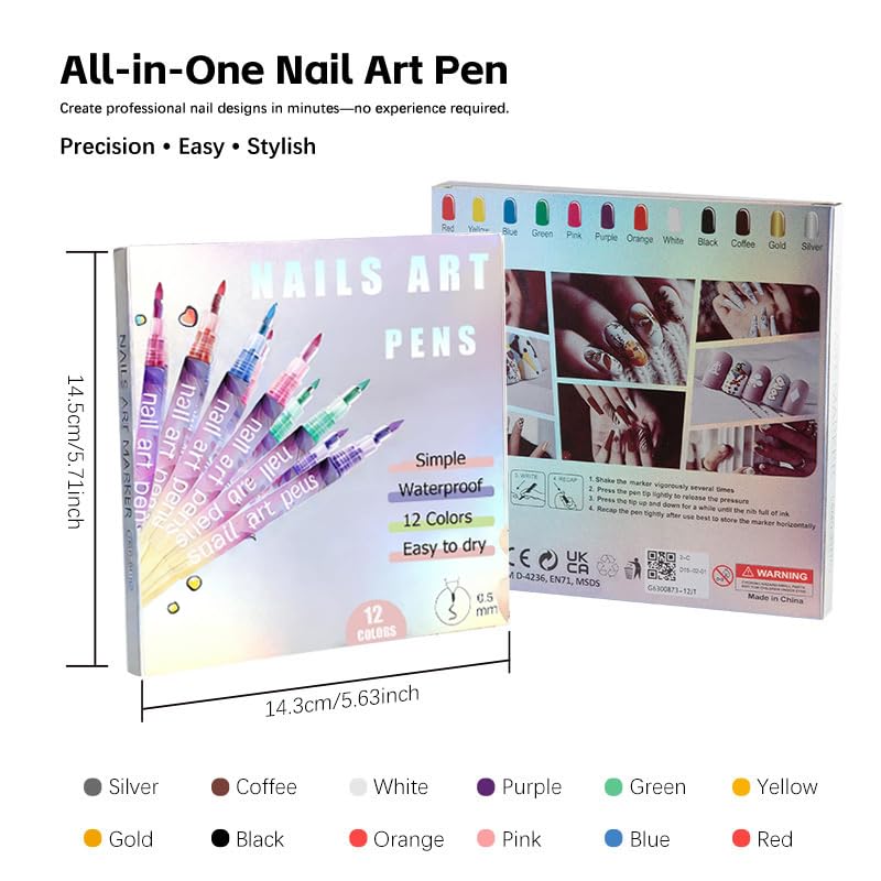 Bimiubimiu Valentines Day Nail Art Pens — 12 Colors for Kids, Quick-Dry & Easy to Use