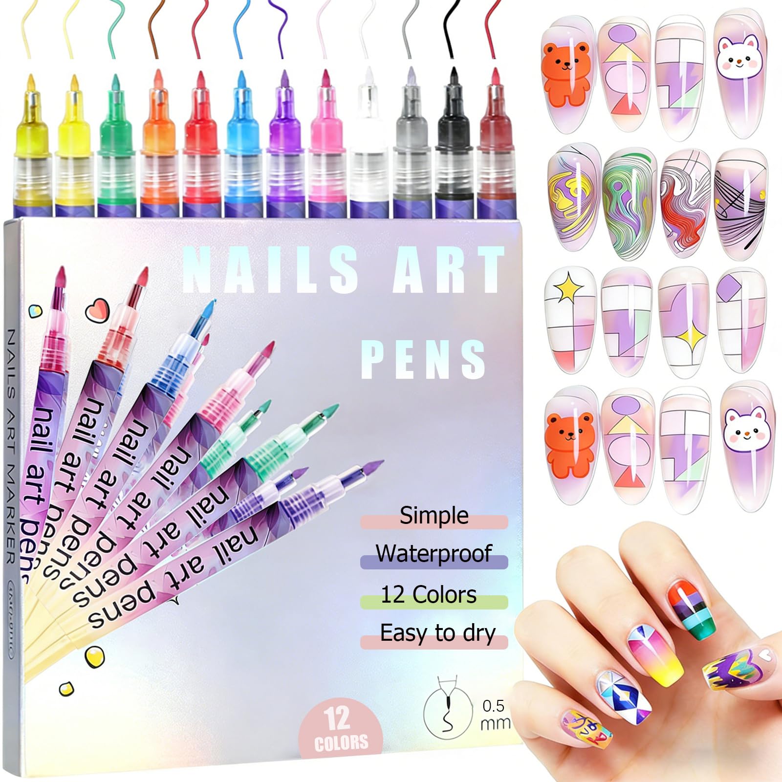 Bimiubimiu Valentines Day Nail Art Pens — 12 Colors for Kids, Quick-Dry & Easy to Use