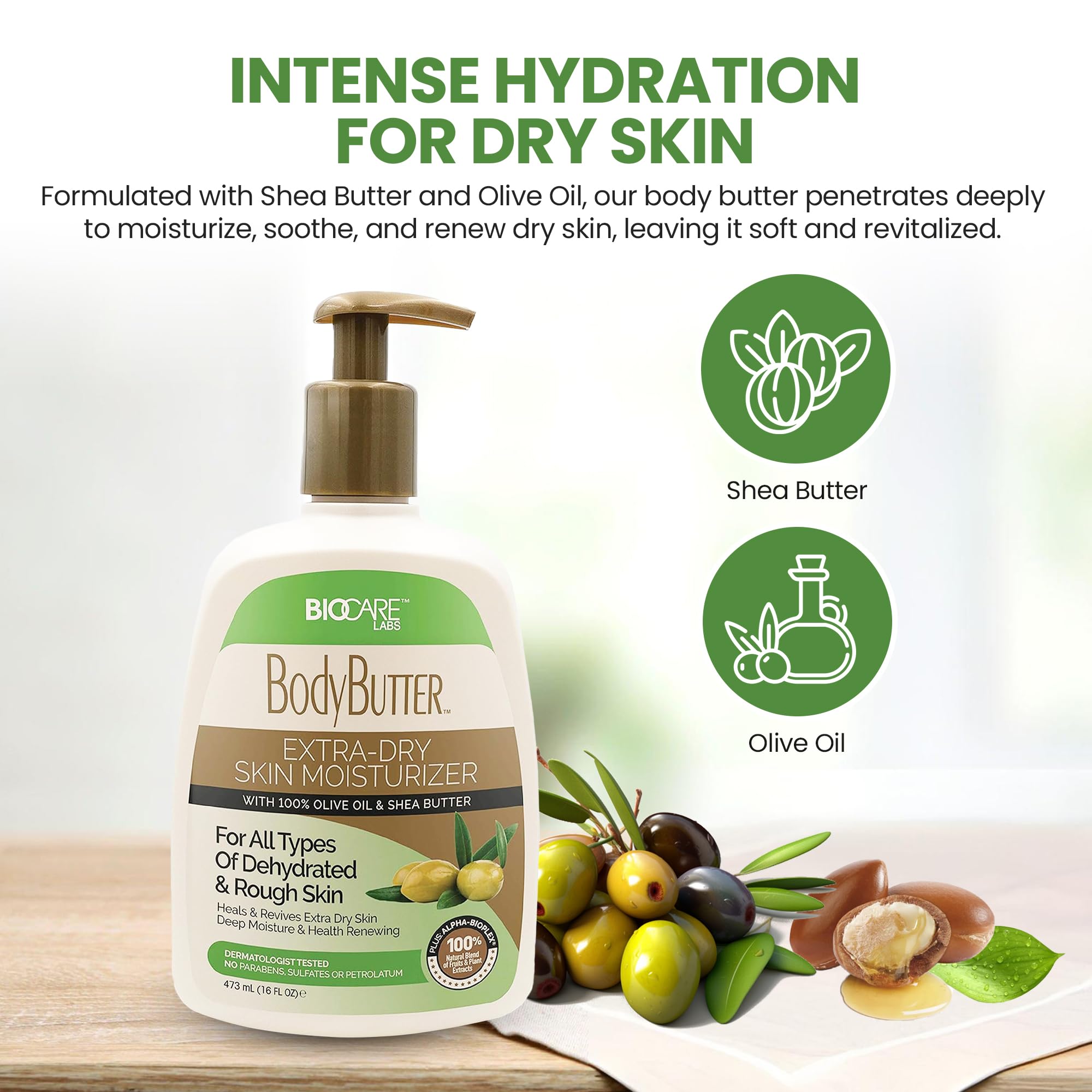 Biocare Labs Moisturizing Body Butter - Rich Shea & Olive Oil Hydration | 16 oz