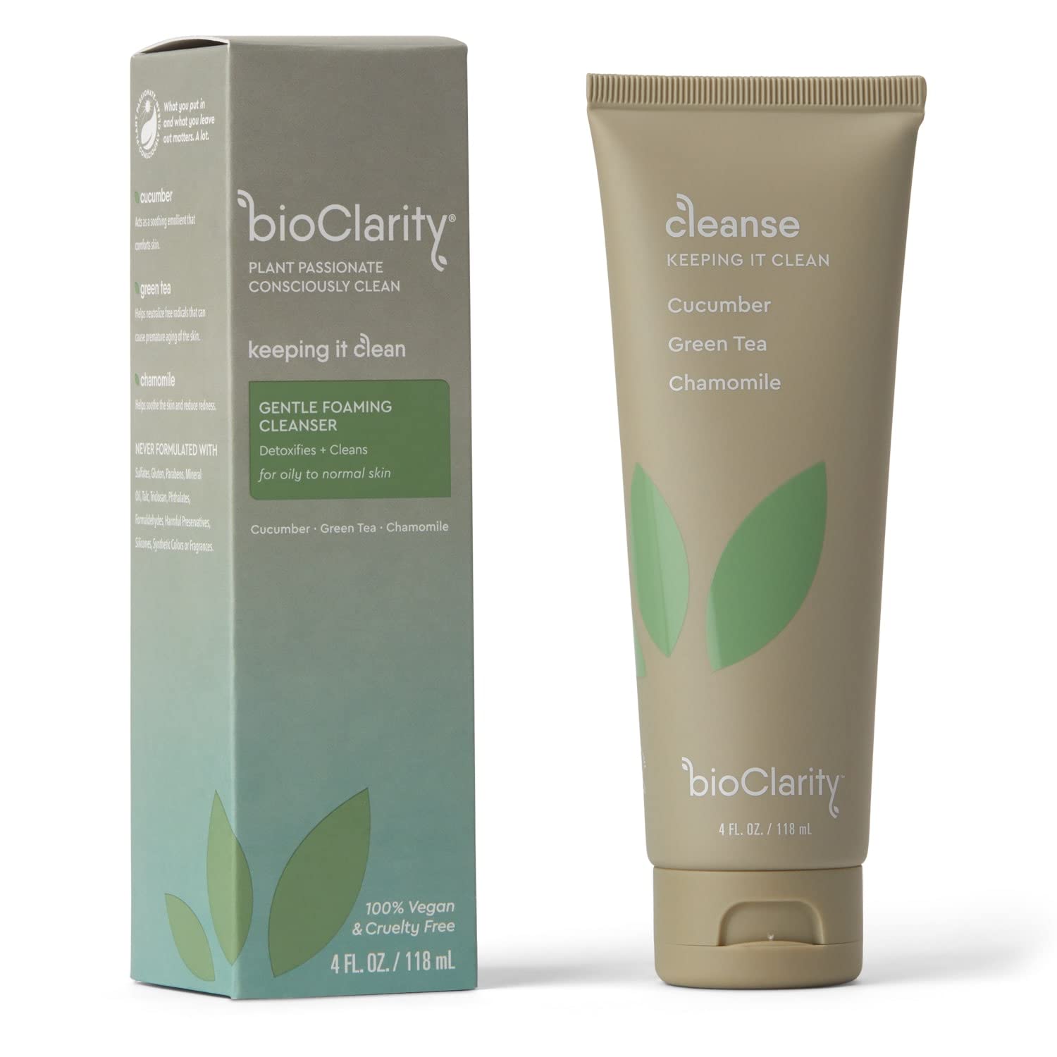 BioClarity Face Cleanser – 100% Vegan, Gentle Wash with Cucumber, Green Tea & Chamomile (Set of Two 4oz)