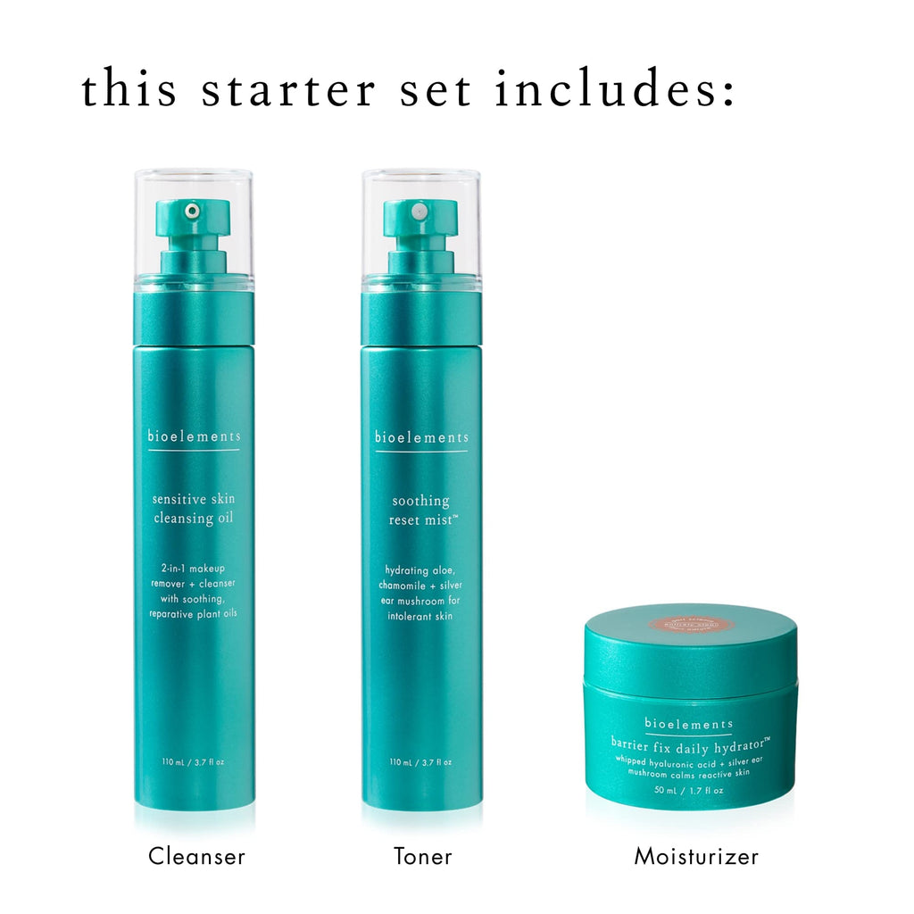 Bioelements 3-Step Starter Set for Sensitive Skin — Cleansing Oil, Soothing Reset Mist Toner & Barrier Fix Daily Hydrator