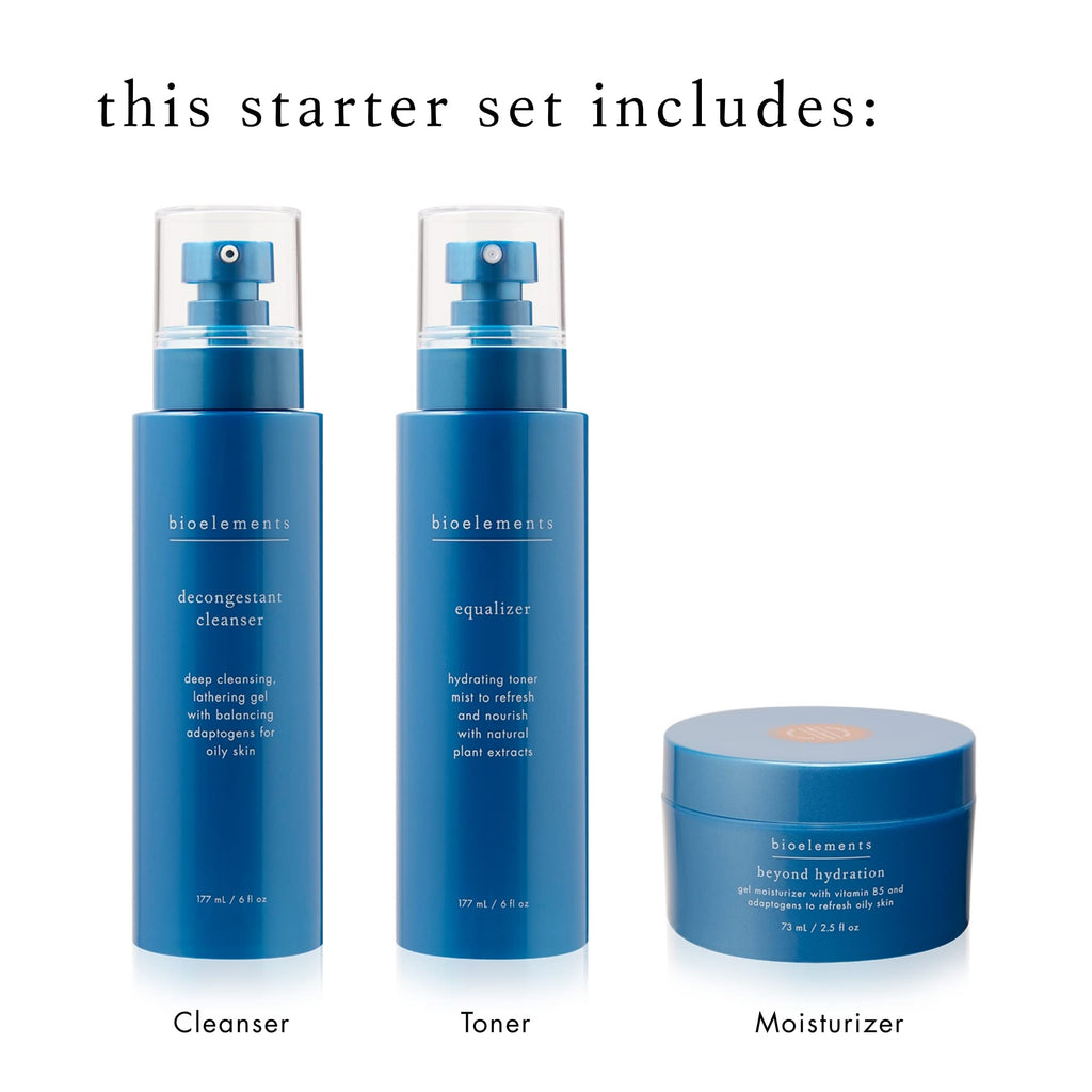 Bioelements 3-Step Starter Set for Oily Skin | Decongestant Cleanser, Equalizer Toner & Beyond Hydration
