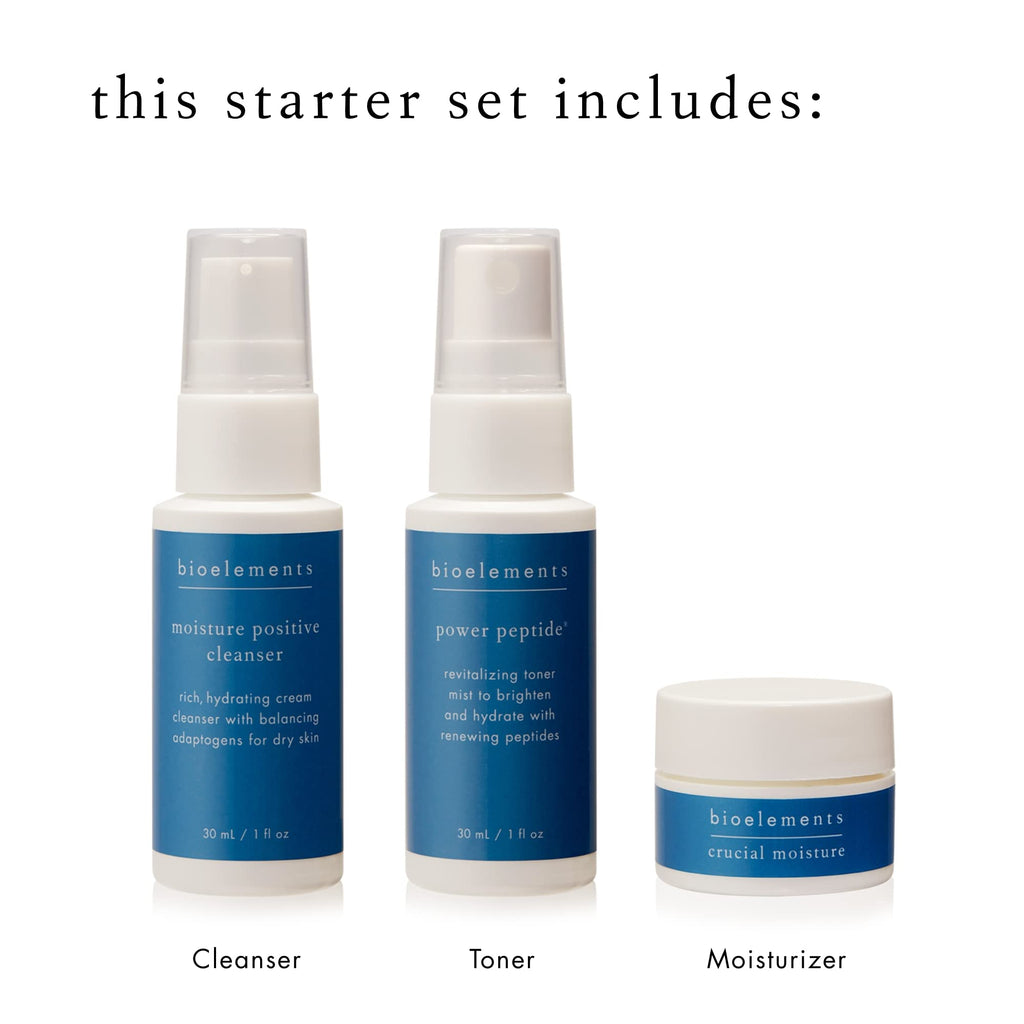 Bioelements 3-Step Starter Set for Dry Skin: Moisture Positive Cleanser, Power Peptide Toner & Crucial Moisture (Vegan)