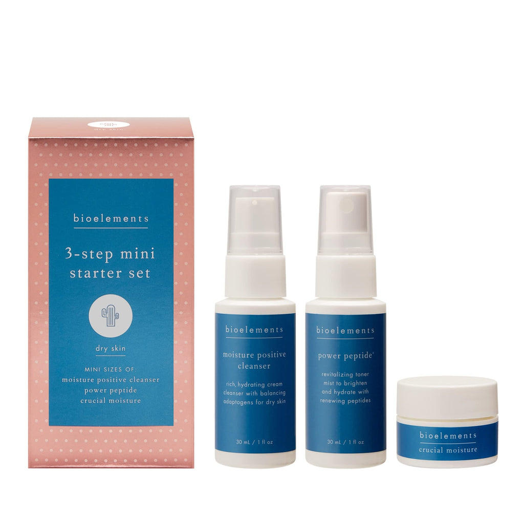 Bioelements 3-Step Starter Set for Dry Skin: Moisture Positive Cleanser, Power Peptide Toner & Crucial Moisture (Vegan)