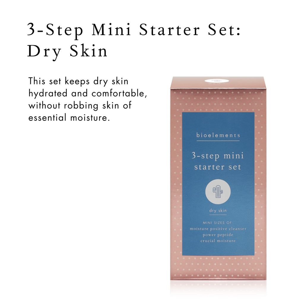 Bioelements 3-Step Starter Set for Dry Skin: Moisture Positive Cleanser, Power Peptide Toner & Crucial Moisture (Vegan)