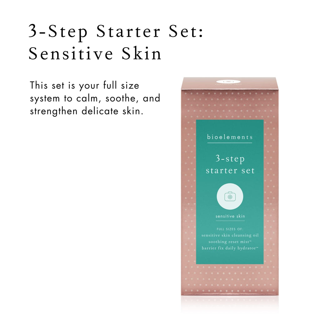 Bioelements 3-Step Starter Set for Sensitive Skin — Cleansing Oil, Soothing Reset Mist Toner & Barrier Fix Daily Hydrator