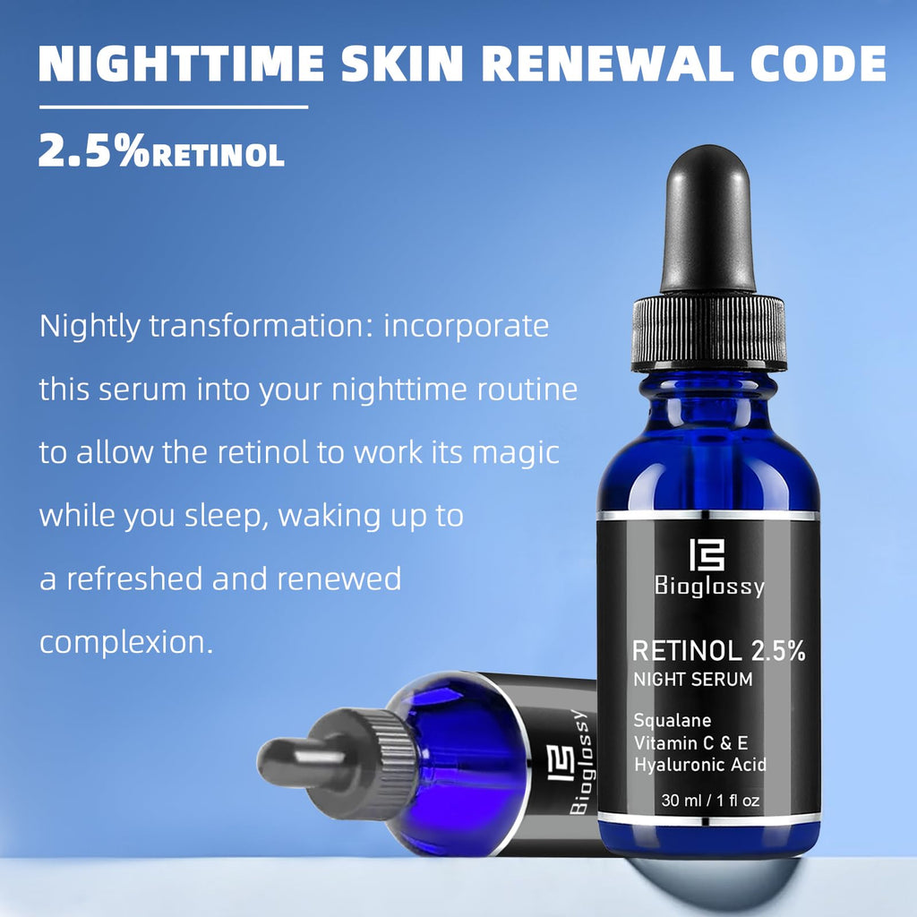 Bioglossy Retinol Serum for Face – 2.5% Time-Release Night Serum with Squalane, Vitamin C & E, Niacinamide, and Hyaluronic Acid (30 ml)