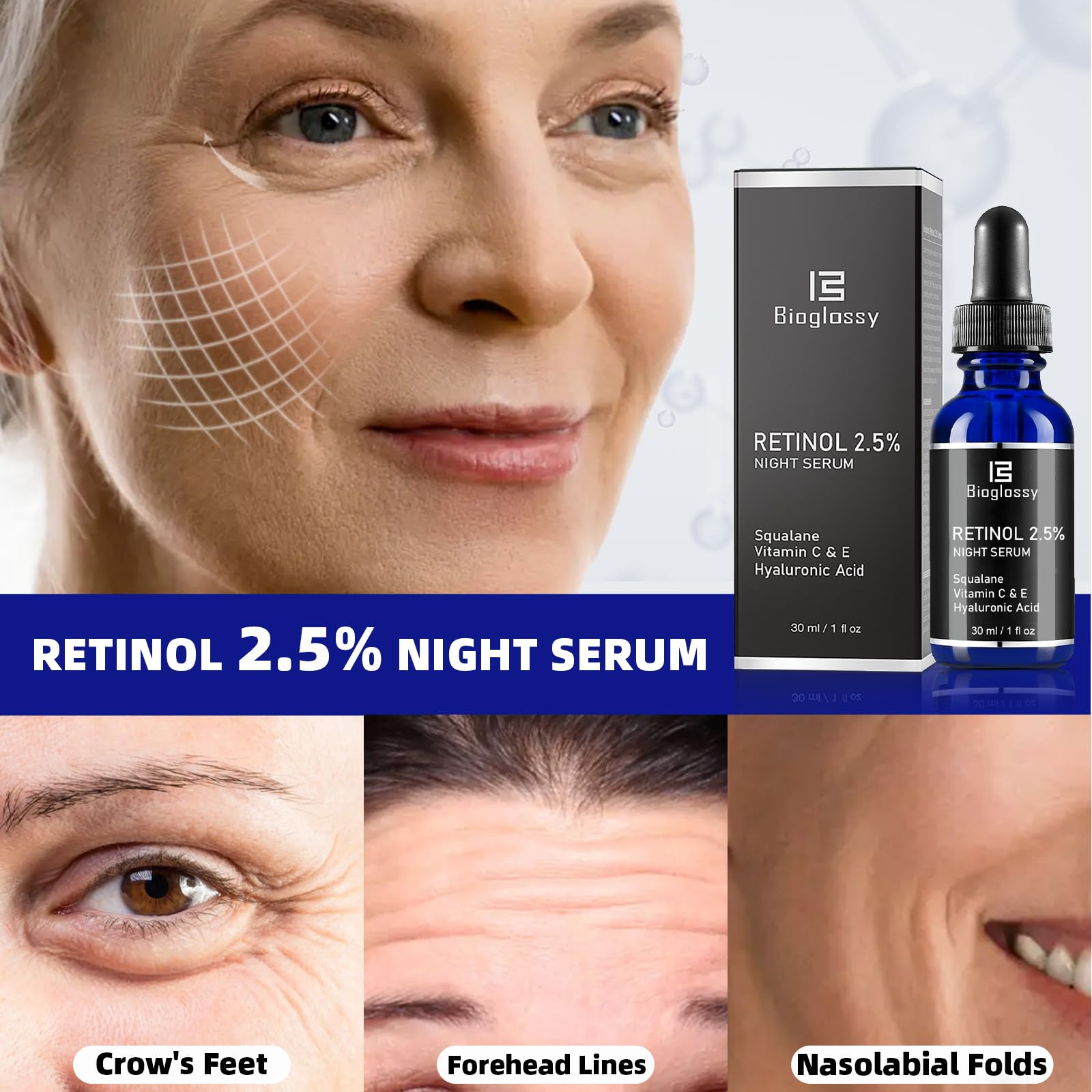 Bioglossy Retinol Serum for Face – 2.5% Time-Release Night Serum with Squalane, Vitamin C & E, Niacinamide, and Hyaluronic Acid (30 ml)