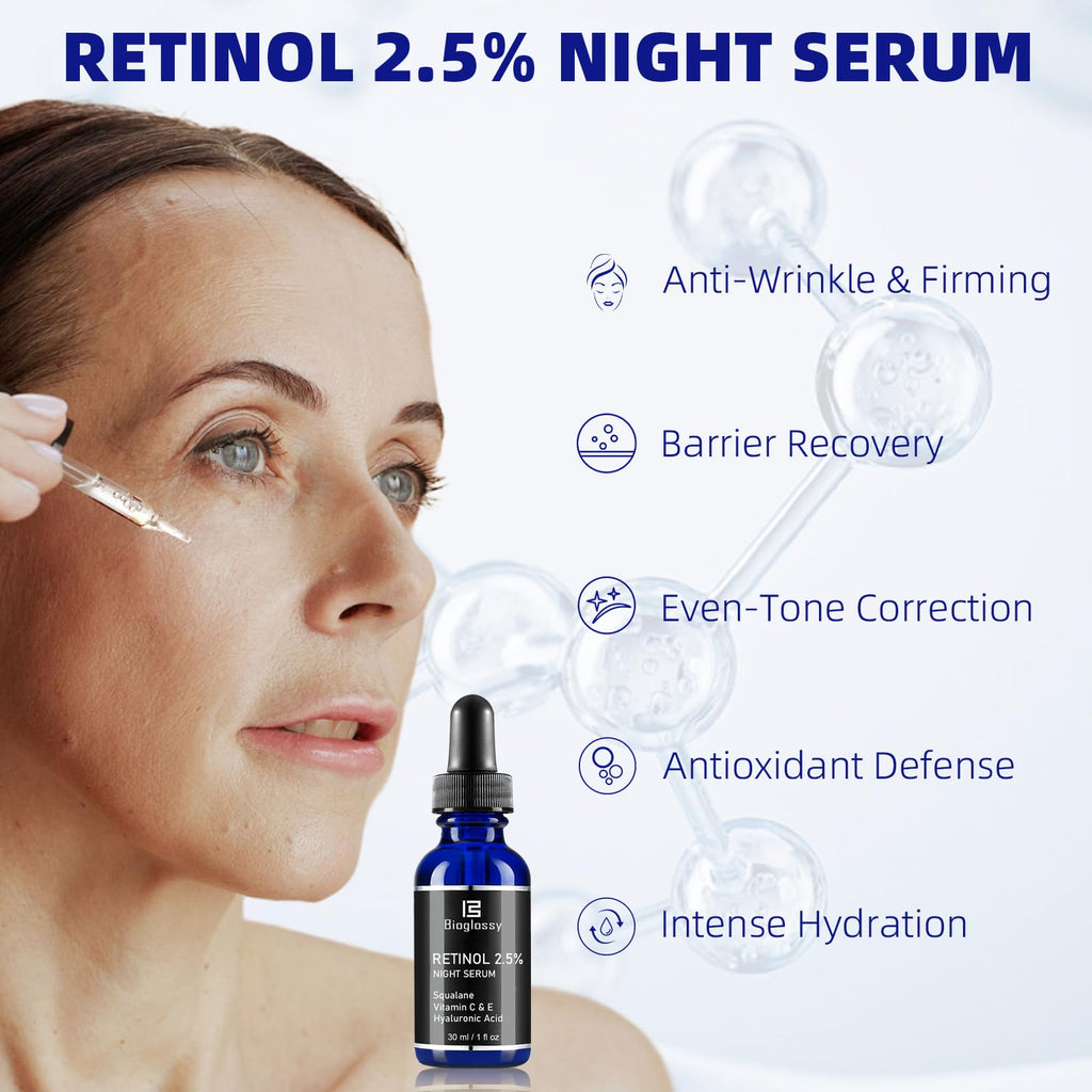Bioglossy Retinol Serum for Face – 2.5% Time-Release Night Serum with Squalane, Vitamin C & E, Niacinamide, and Hyaluronic Acid (30 ml)