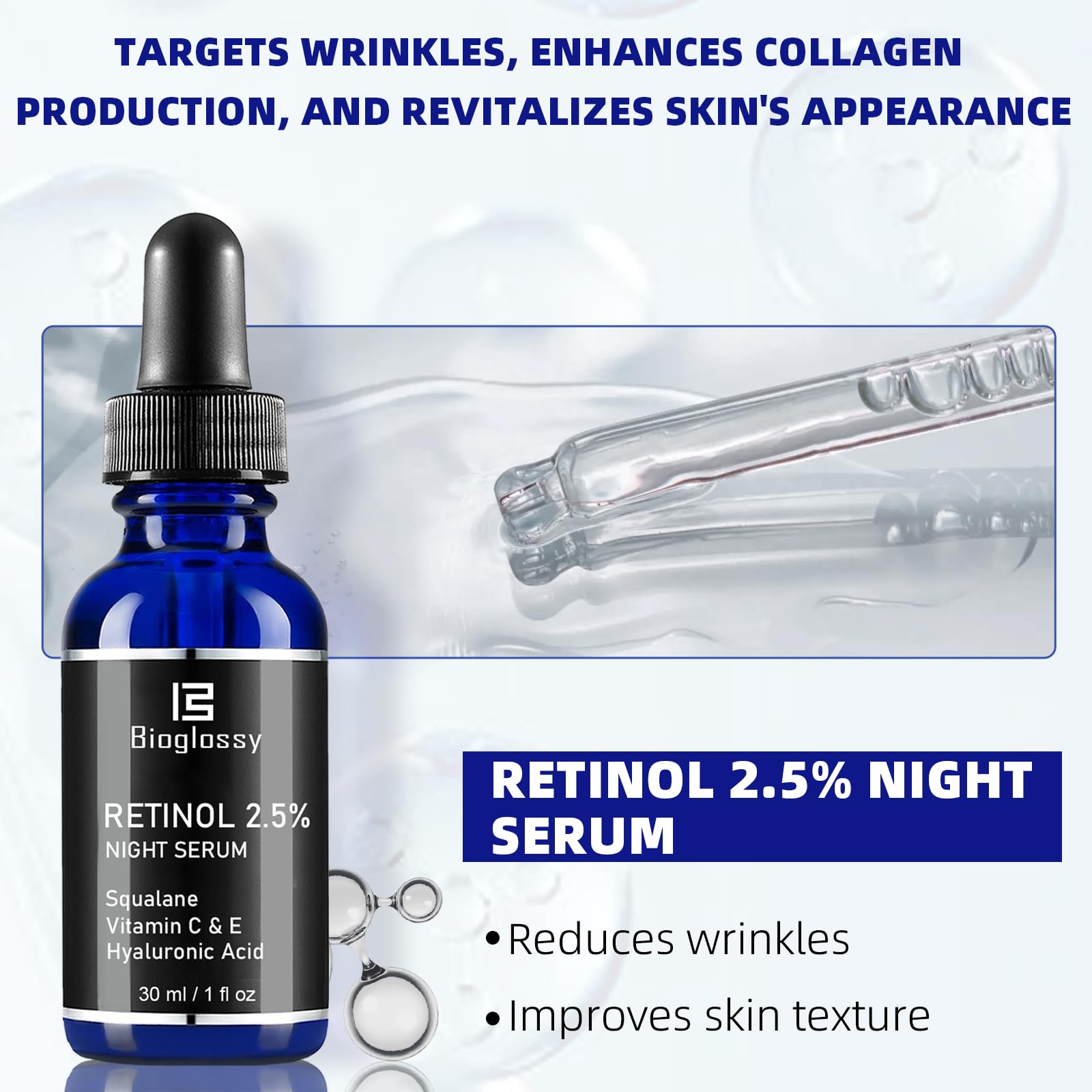 Bioglossy Retinol Serum for Face – 2.5% Time-Release Night Serum with Squalane, Vitamin C & E, Niacinamide, and Hyaluronic Acid (30 ml)