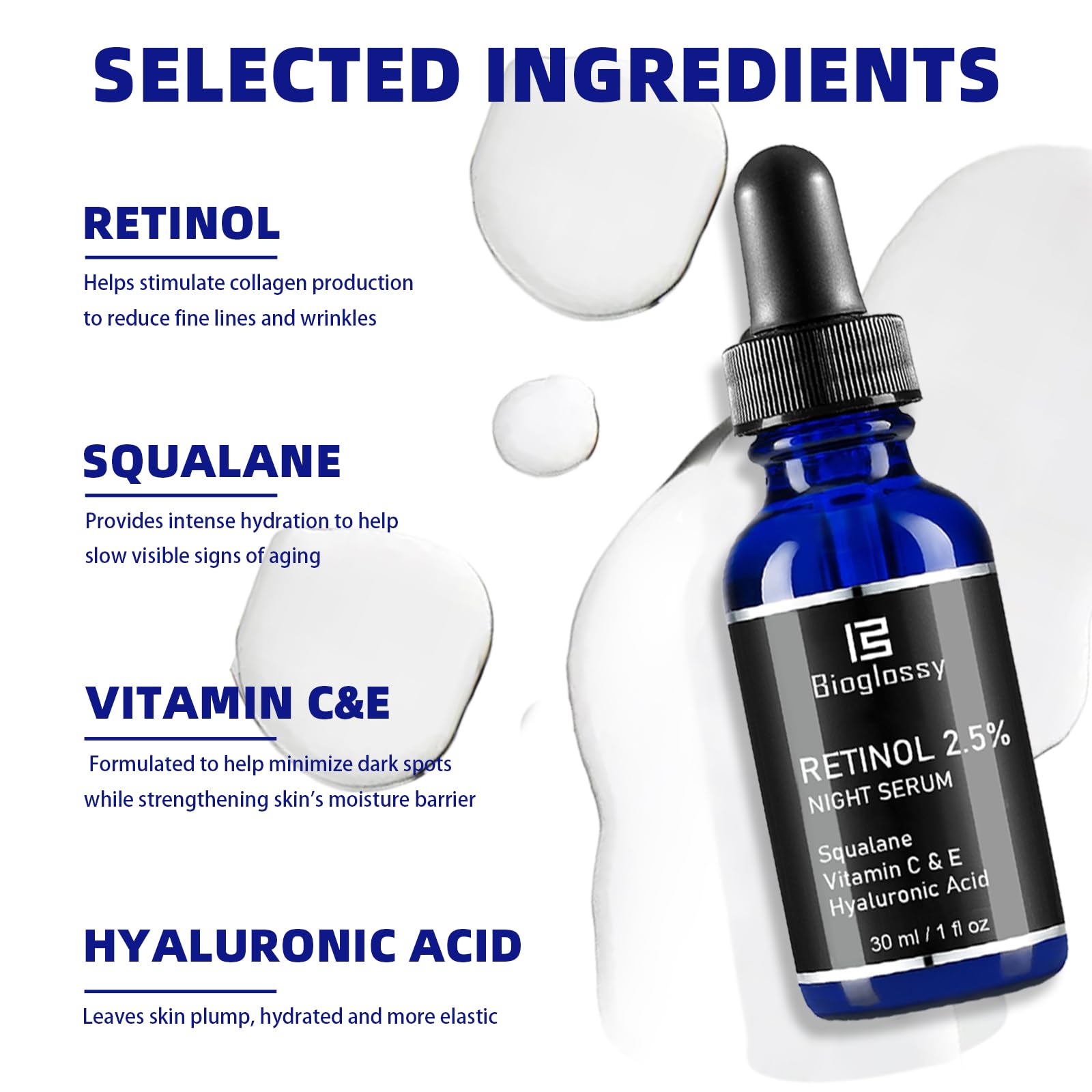 Bioglossy Retinol Serum for Face – 2.5% Time-Release Night Serum with Squalane, Vitamin C & E, Niacinamide, and Hyaluronic Acid (30 ml)