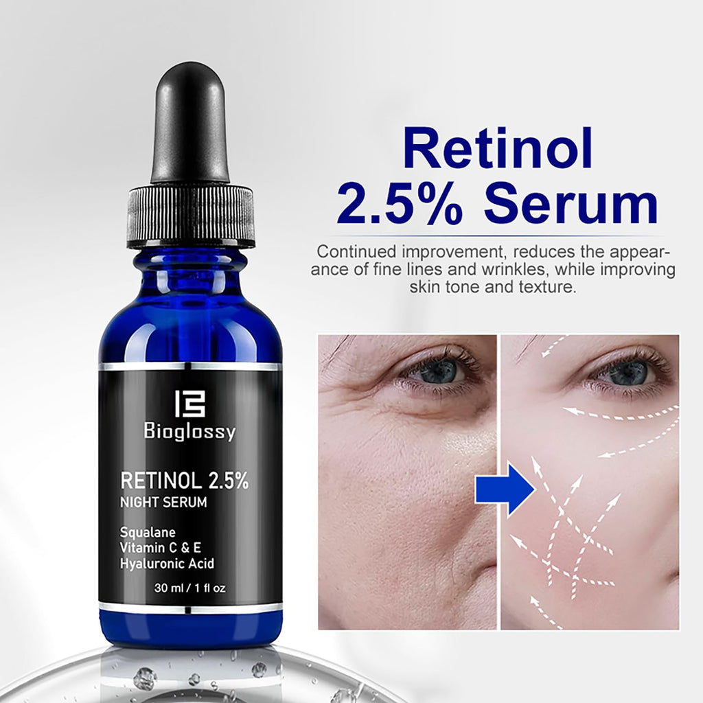 Bioglossy Retinol Serum for Face – 2.5% Time-Release Night Serum with Squalane, Vitamin C & E, Niacinamide, and Hyaluronic Acid (30 ml)
