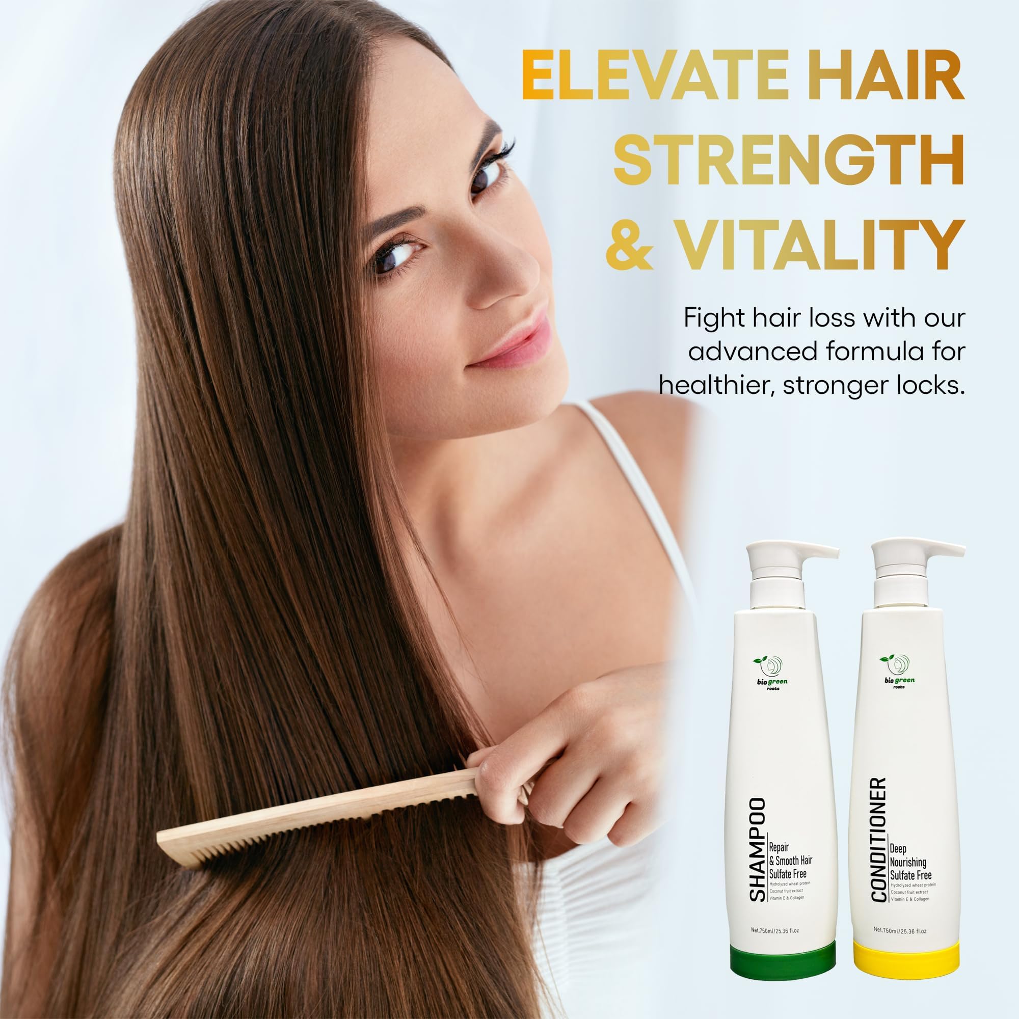 Biogreen Roots Shampoo & Conditioner – Sulfate-Free Hair Care with Hydrolyzed Wheat Protein, Coconut Extract, Vitamin E & Collagen (2 x 750 ml)