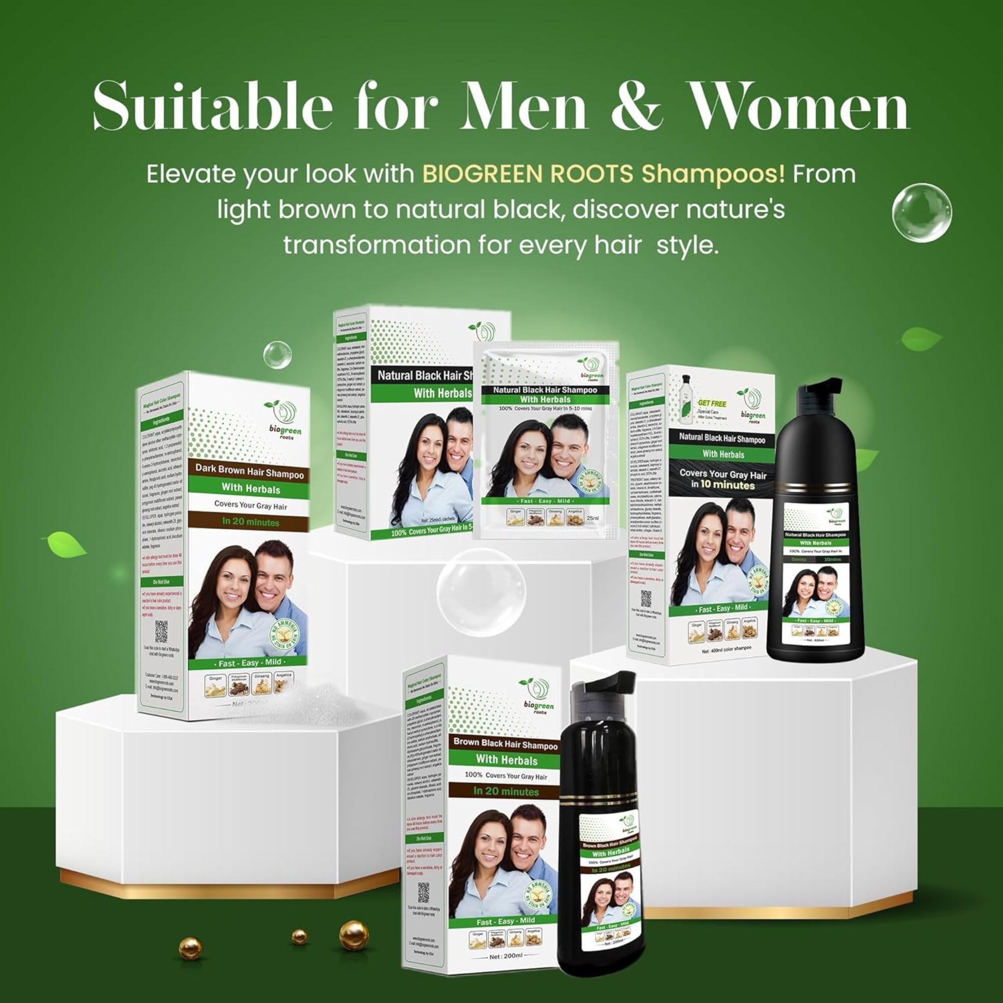BIOGREEN ROOTS Ammonia-Free & Paraben-Free Herbal Hair Dye Shampoo – Natural Black Color, Herbal Nourishment (100 sachets x 25 ml)