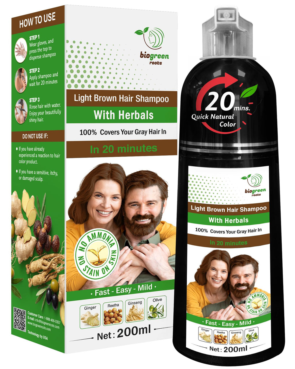 BIOGREEN ROOTS Ammonia-Free Herbal Hair Dye Shampoo for Gray Coverage – Gentle Color Care (200 ml)