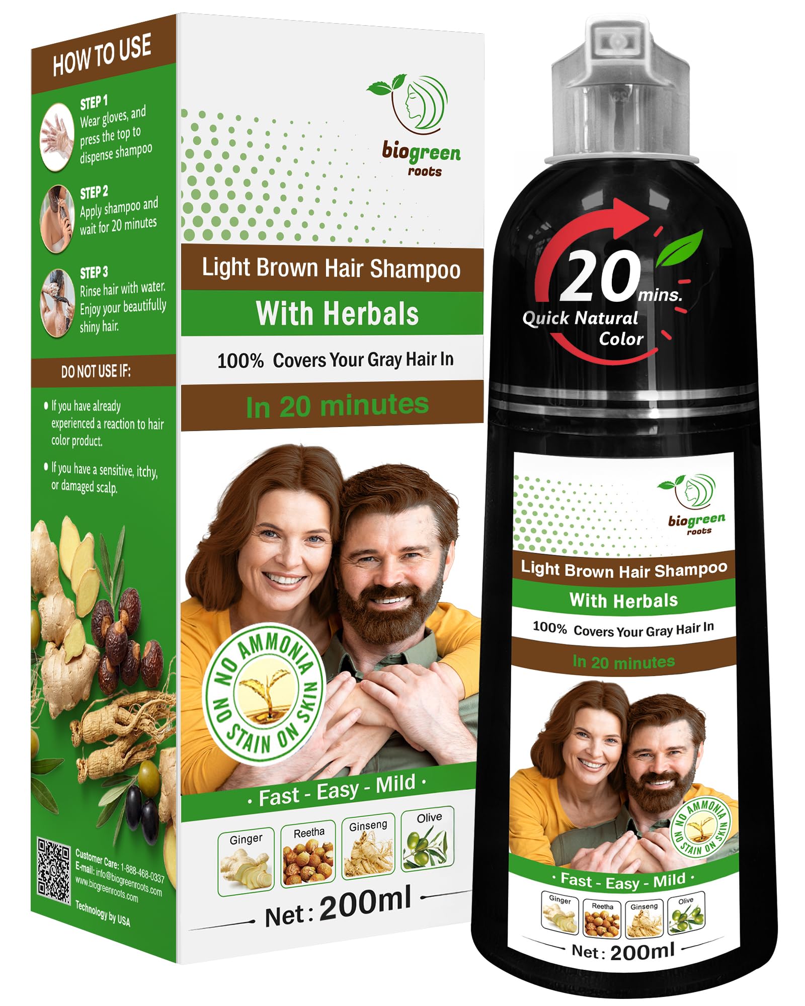 BIOGREEN ROOTS Ammonia-Free Herbal Hair Dye Shampoo for Gray Coverage – Gentle Color Care (200 ml)