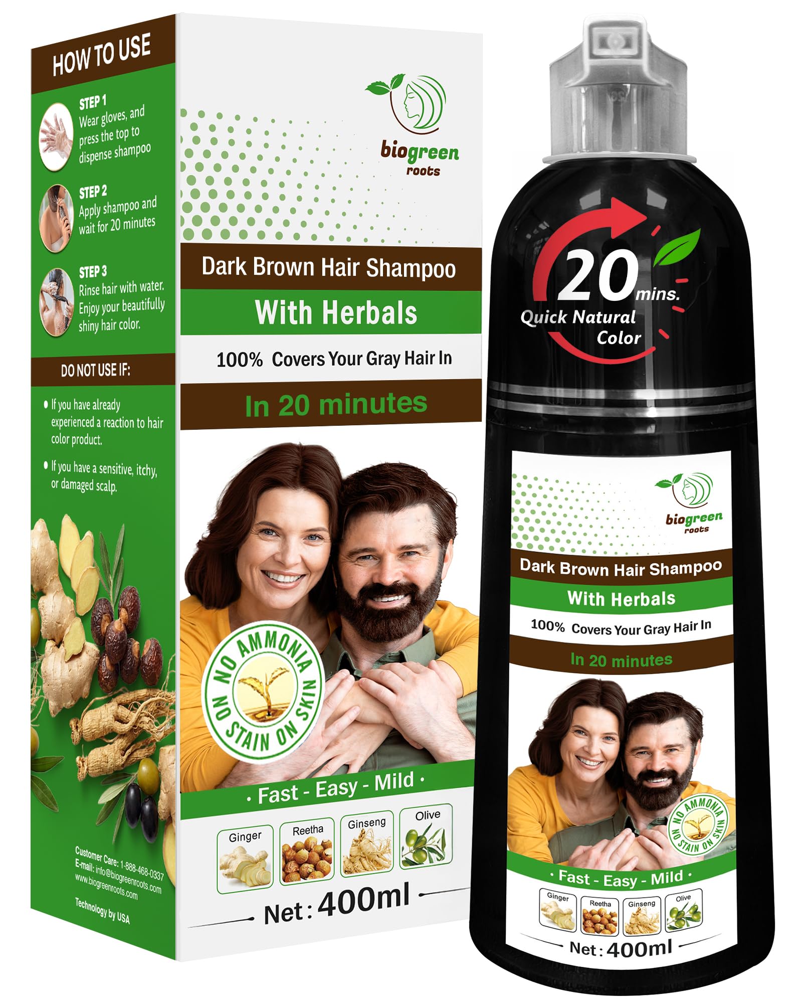 BIOGREEN ROOTS Ammonia-Free Herbal Hair Dye Shampoo for Gray Coverage – Dark Brown (400 ml)