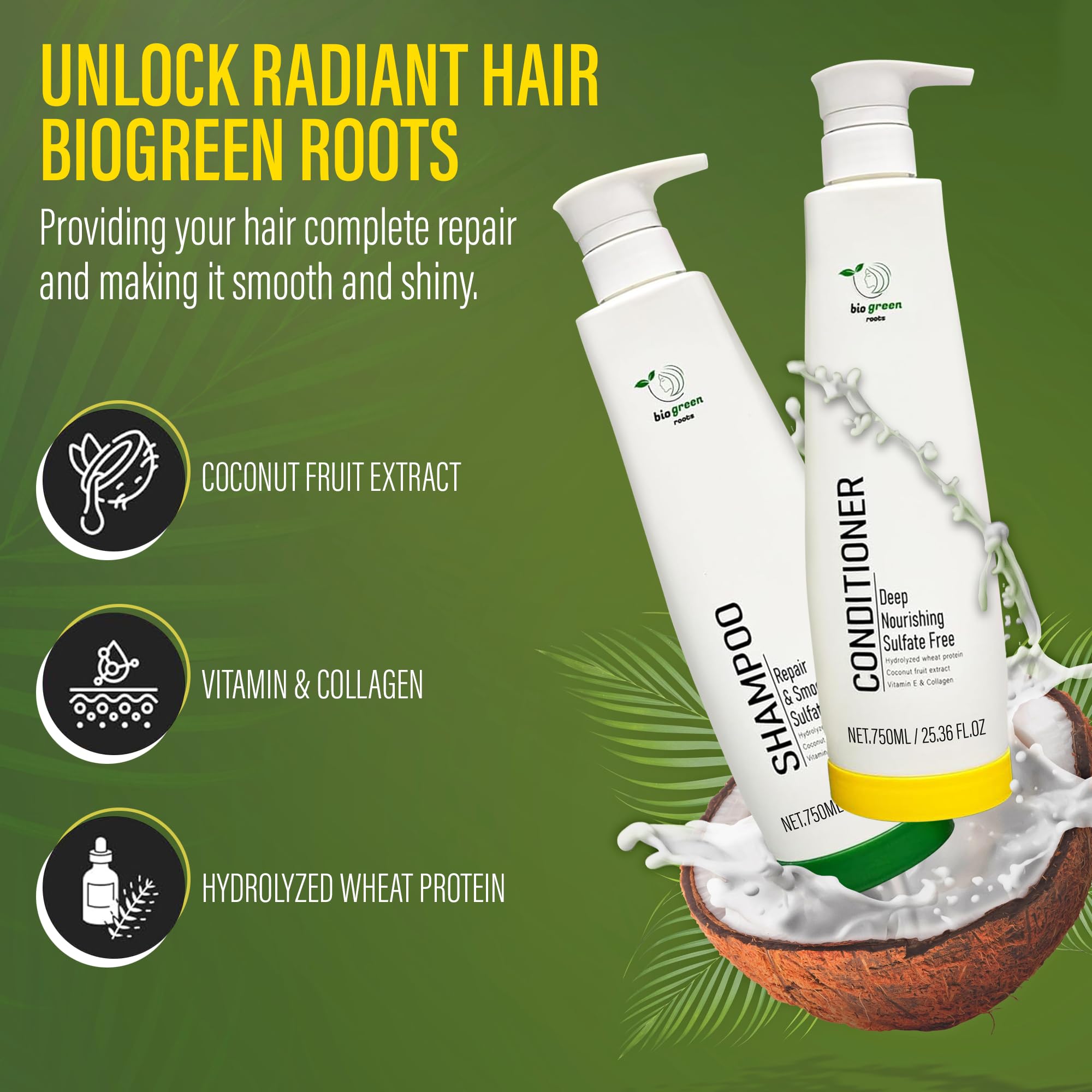 Biogreen Roots Shampoo & Conditioner – Sulfate-Free Hair Care with Hydrolyzed Wheat Protein, Coconut Extract, Vitamin E & Collagen (2 x 750 ml)