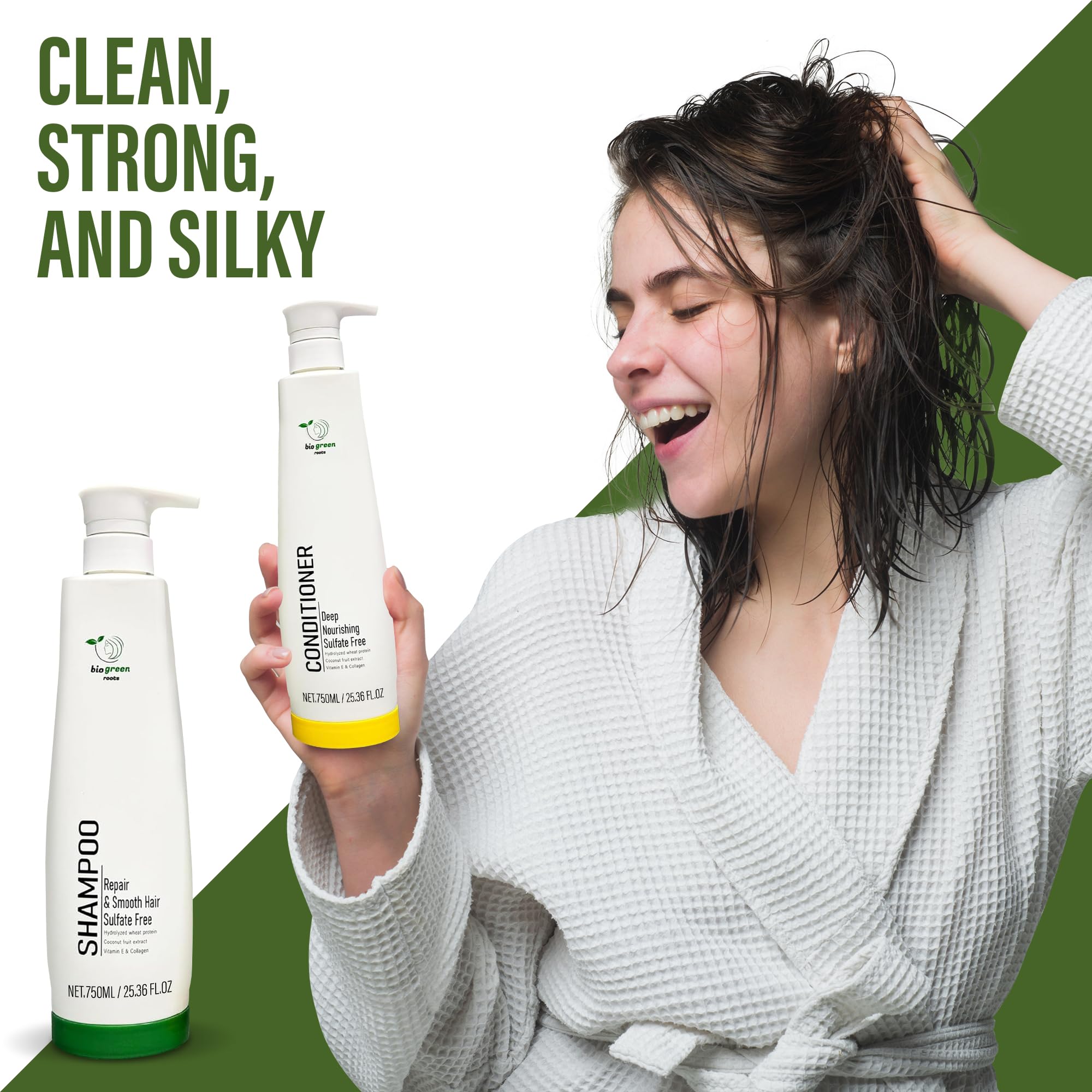Biogreen Roots Shampoo & Conditioner – Sulfate-Free Hair Care with Hydrolyzed Wheat Protein, Coconut Extract, Vitamin E & Collagen (2 x 750 ml)