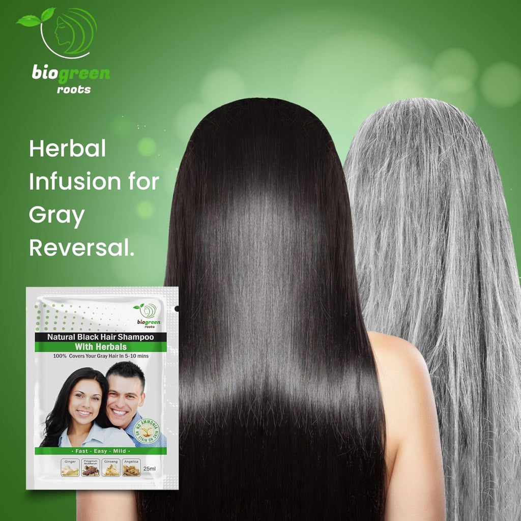 BIOGREEN ROOTS Ammonia-Free & Paraben-Free Herbal Hair Dye Shampoo – Natural Black Color, Herbal Nourishment (100 sachets x 25 ml)