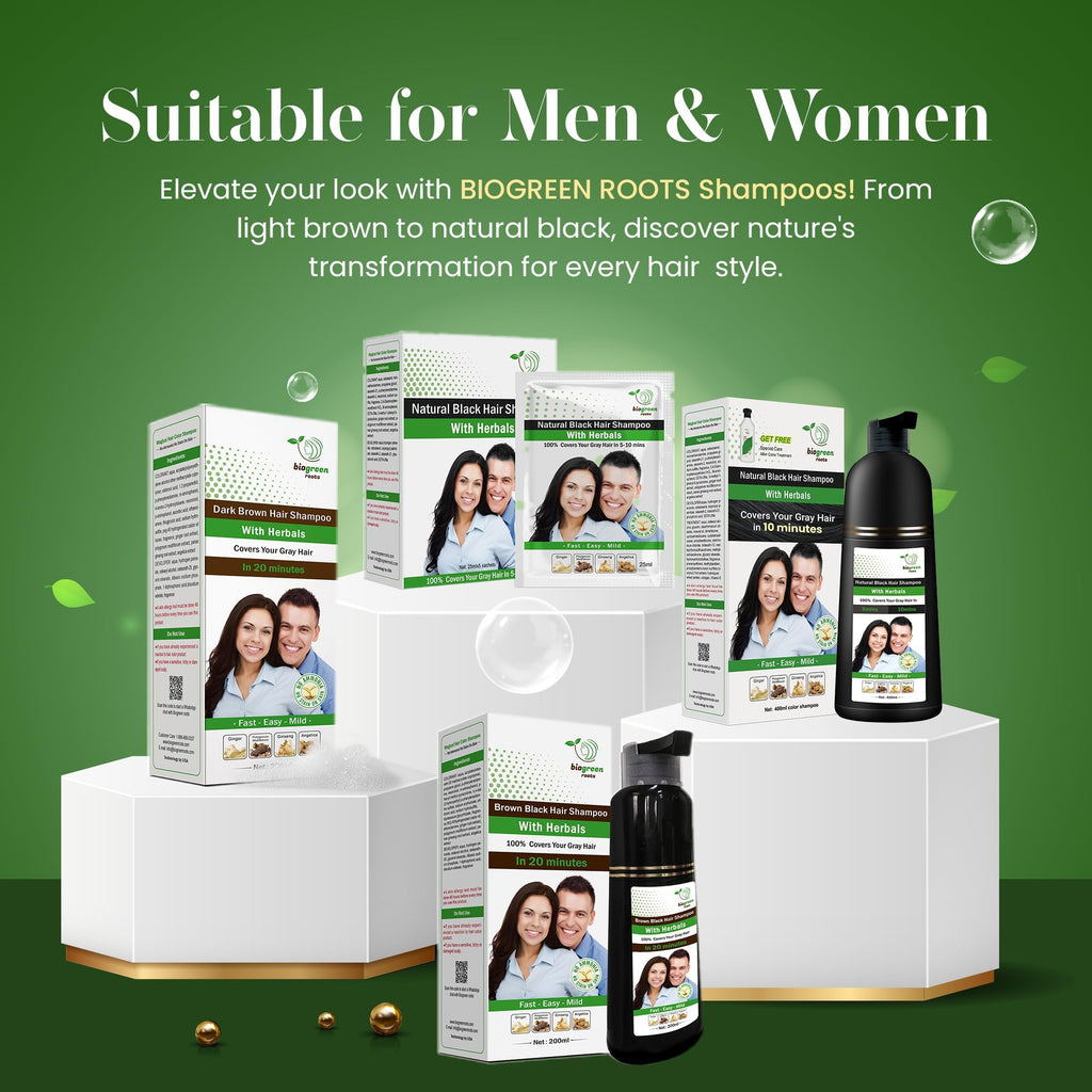 BIOGREEN ROOTS Ammonia-Free Herbal Hair Dye Shampoo – Natural Black (10 x 25 ml)