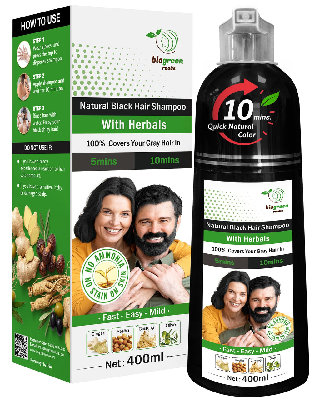 BIOGREEN ROOTS Ammonia-Free Herbal Hair Dye Shampoo – Natural Black (400 ml)