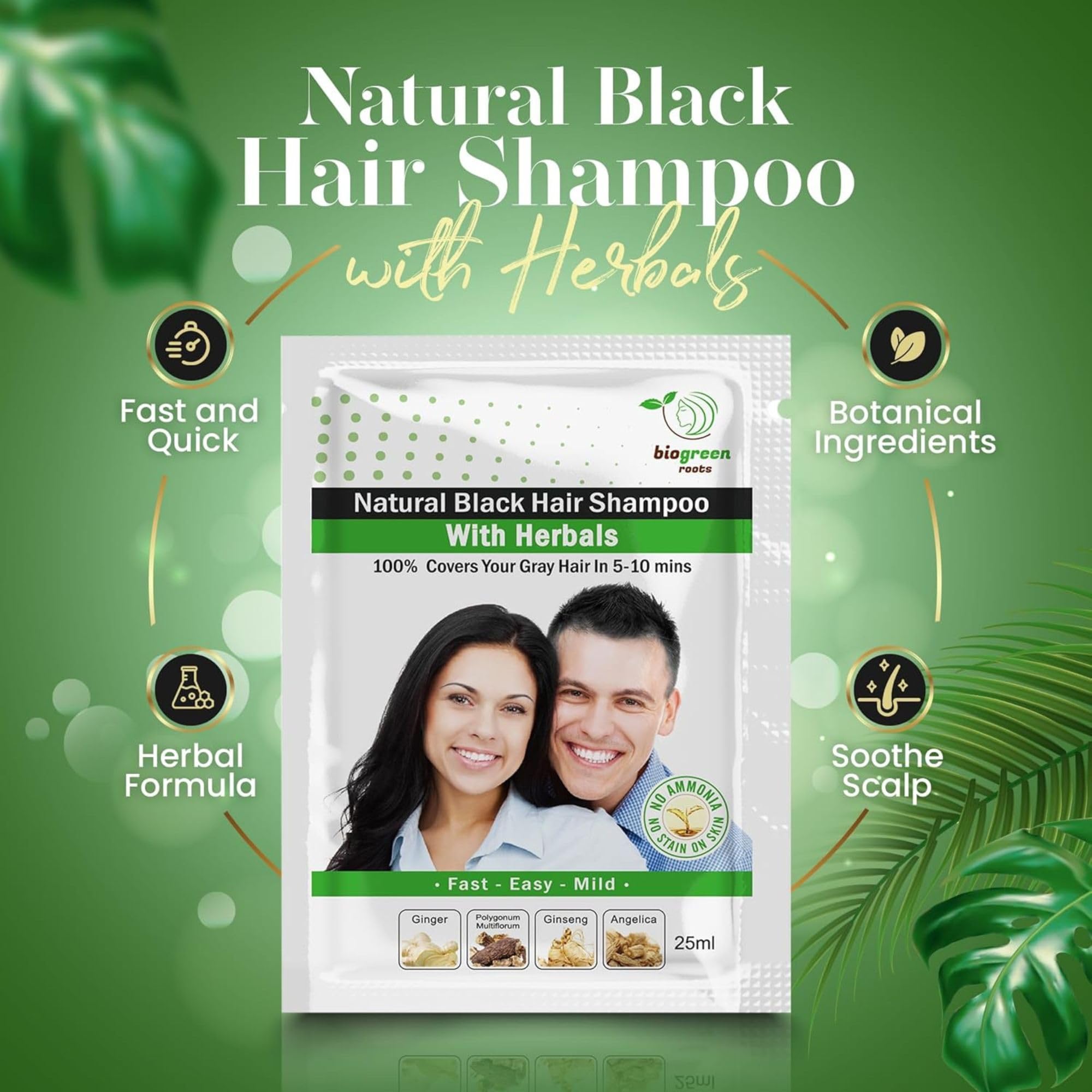BIOGREEN ROOTS Ammonia-Free & Paraben-Free Herbal Hair Dye Shampoo – Natural Black Color, Herbal Nourishment (100 sachets x 25 ml)