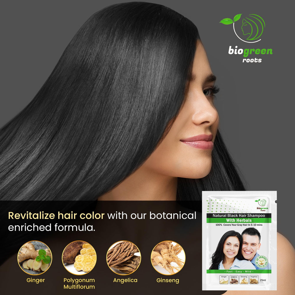 BIOGREEN ROOTS Ammonia-Free Herbal Hair Dye Shampoo – Natural Black (10 x 25 ml)