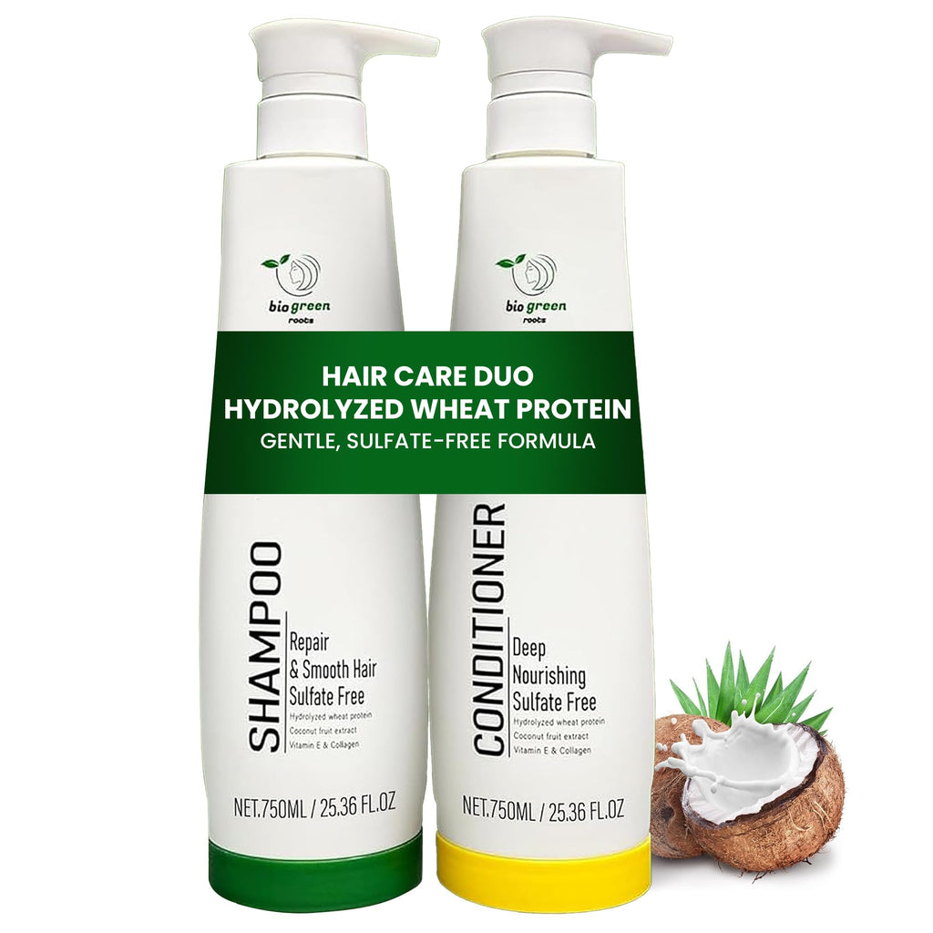 Biogreen Roots Shampoo & Conditioner – Sulfate-Free Hair Care with Hydrolyzed Wheat Protein, Coconut Extract, Vitamin E & Collagen (2 x 750 ml)