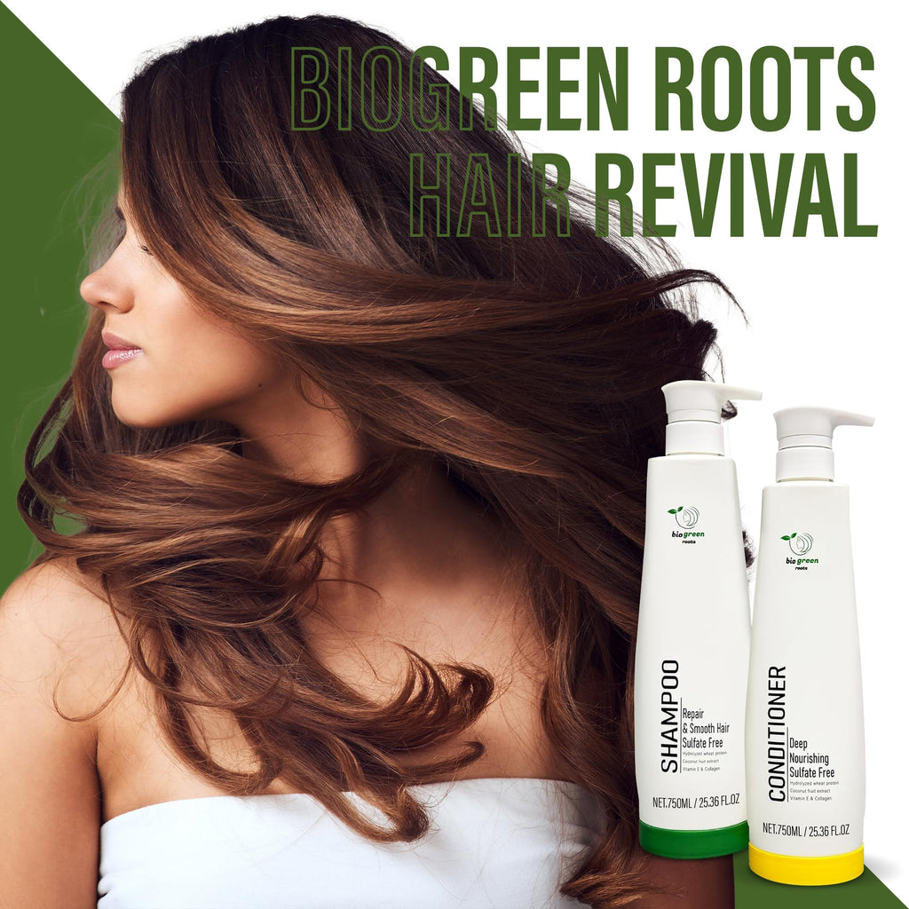 Biogreen Roots Shampoo & Conditioner – Sulfate-Free Hair Care with Hydrolyzed Wheat Protein, Coconut Extract, Vitamin E & Collagen (2 x 750 ml)