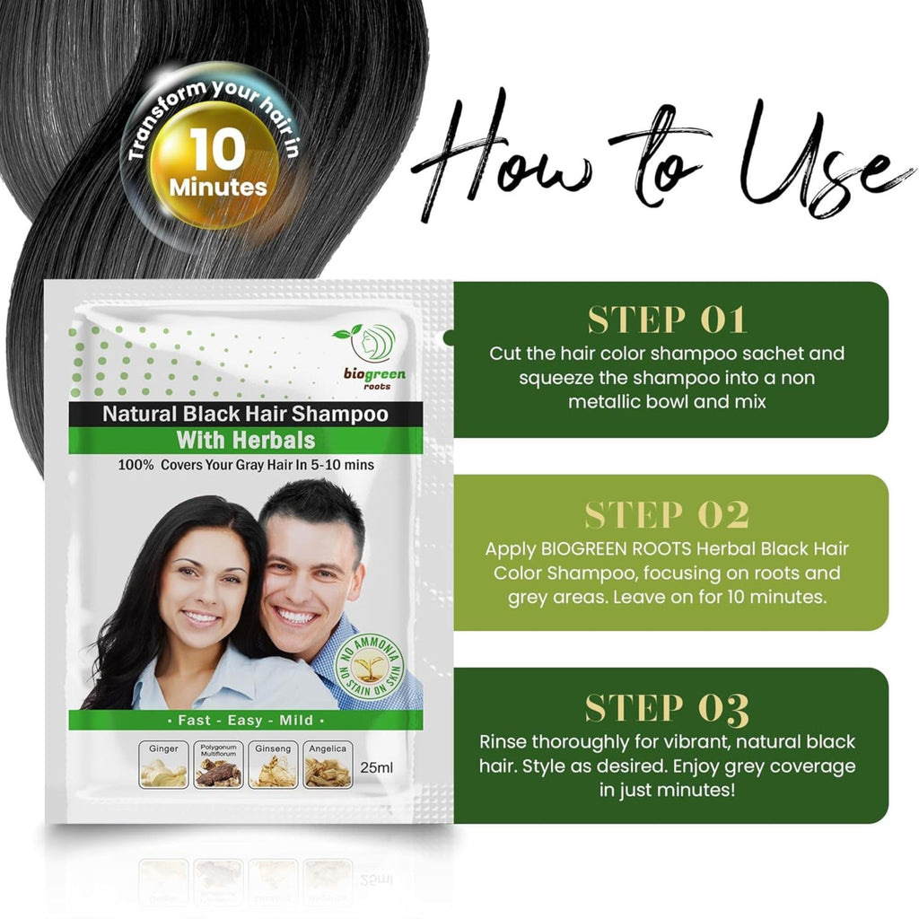 BIOGREEN ROOTS Ammonia-Free & Paraben-Free Herbal Hair Dye Shampoo – Natural Black Color, Herbal Nourishment (100 sachets x 25 ml)