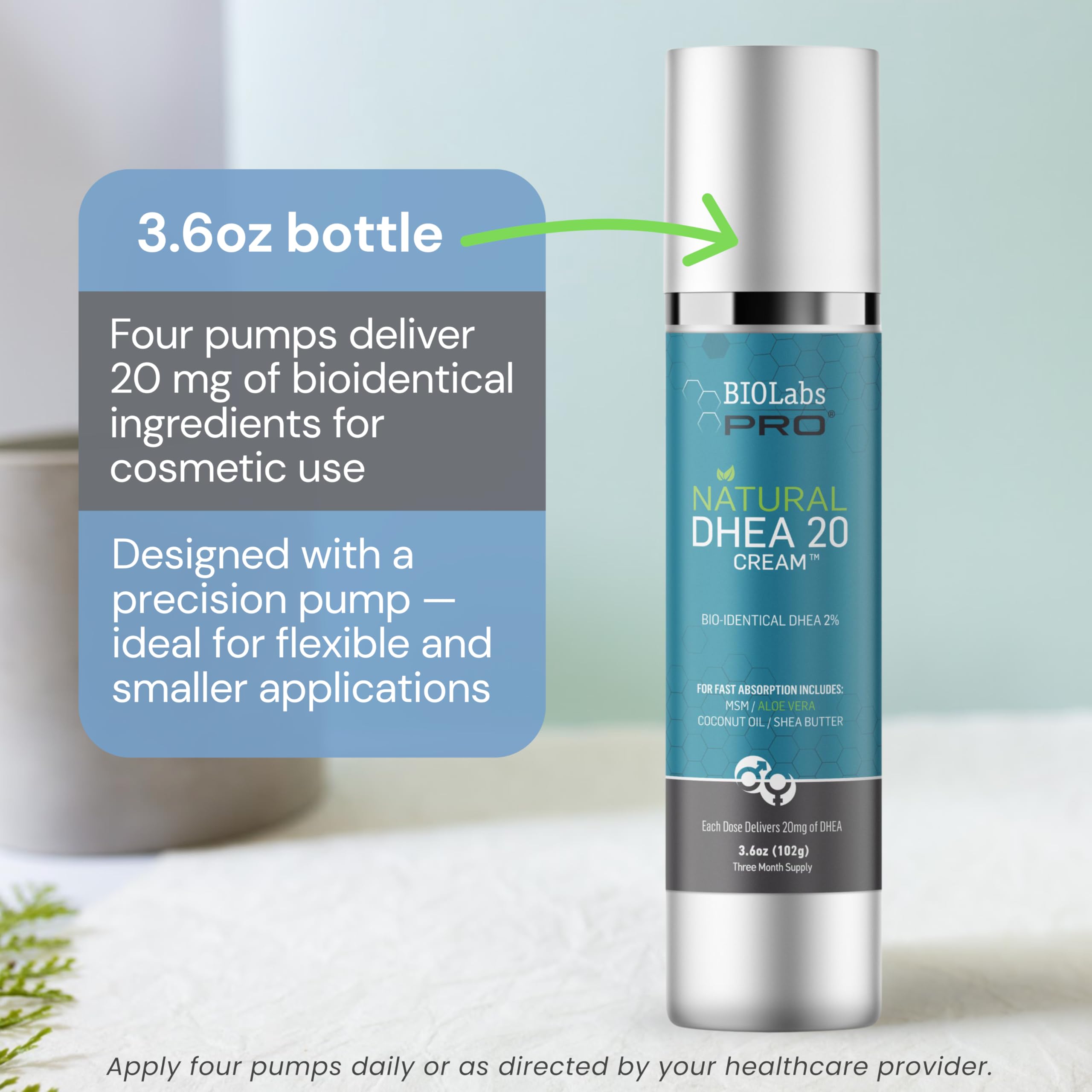BIOLABS PRO Dhea Cream – 20 mg Dose, Bioidentical DHEA, 3.6oz Luxury Bottle for Women & Men