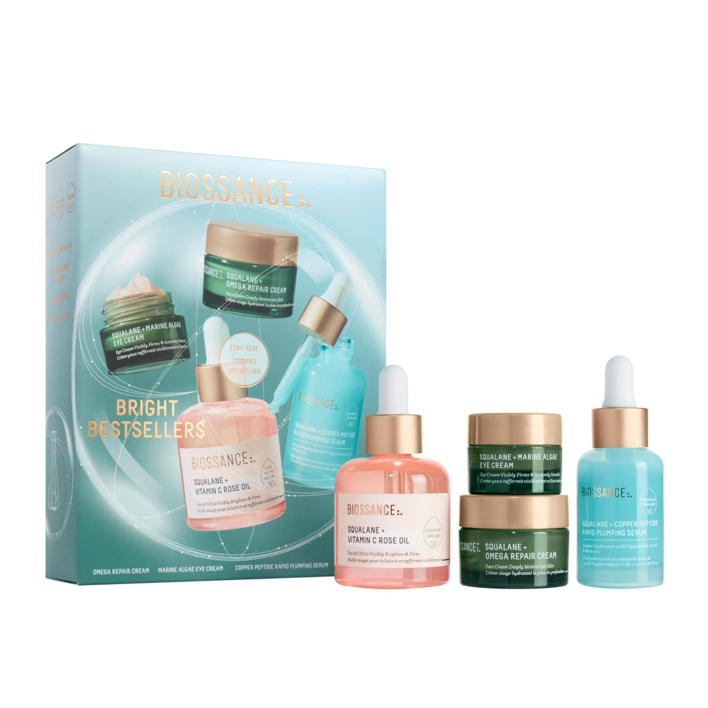 BIOSSANCE Bright Bestsellers Holiday Gift Set — Rose Oil, Copper Peptide Serum, Omega Repair Cream & Marine Algae Eye Cream | $136 Value