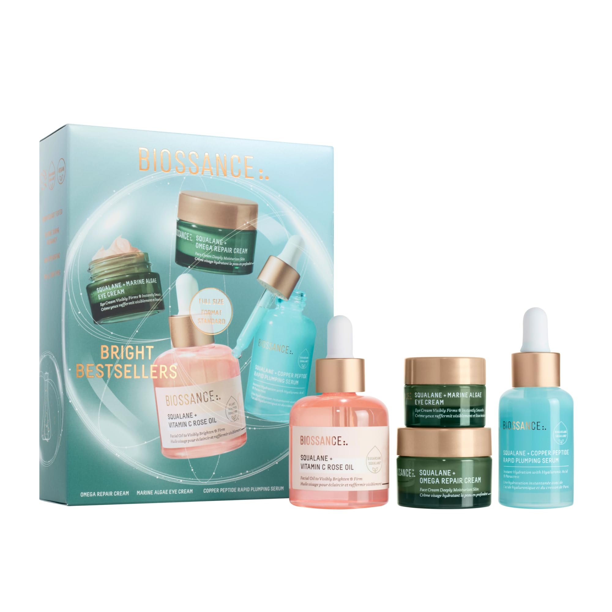 BIOSSANCE Bright Bestsellers Holiday Gift Set — Rose Oil, Copper Peptide Serum, Omega Repair Cream & Marine Algae Eye Cream | $136 Value