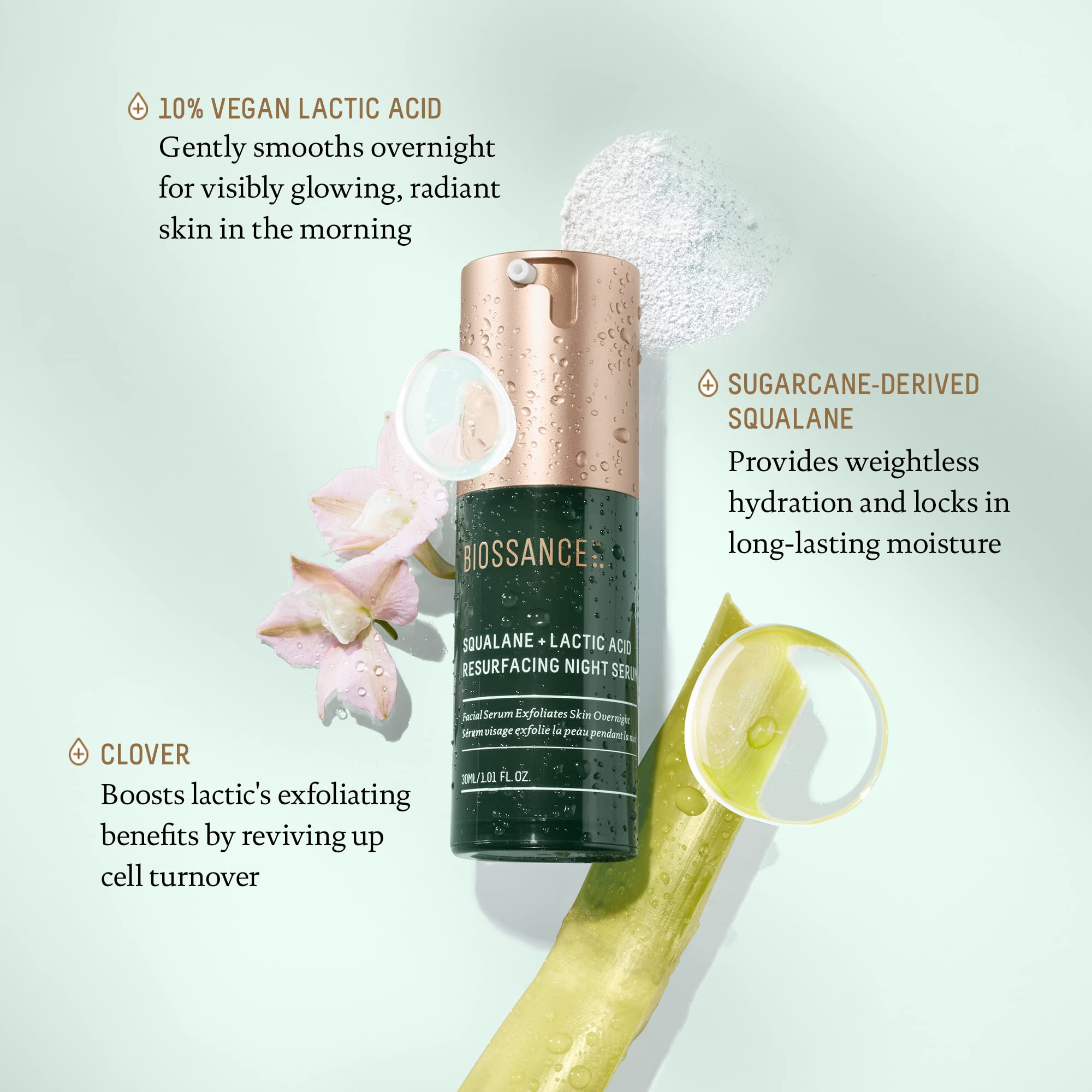 BIOSSANCE Squalane + Lactic Acid Night Serum – 10% Vegan Exfoliant for Texture, Hydration & Glow (1 oz)