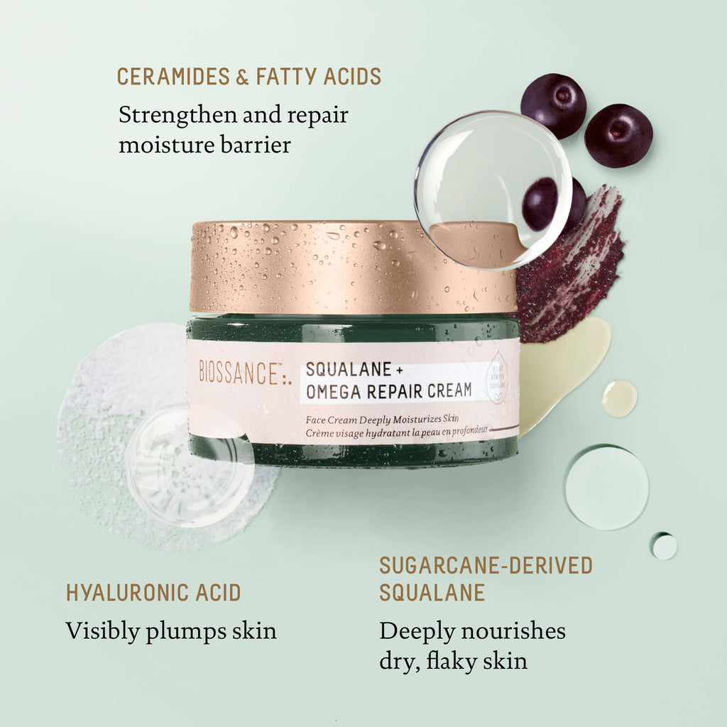BIOSSANCE Squalane + Omega Repair Cream – Ultra-Moisturizing Face Cream with Hyaluronic Acid, Ceramides & Squalane | 3.38oz