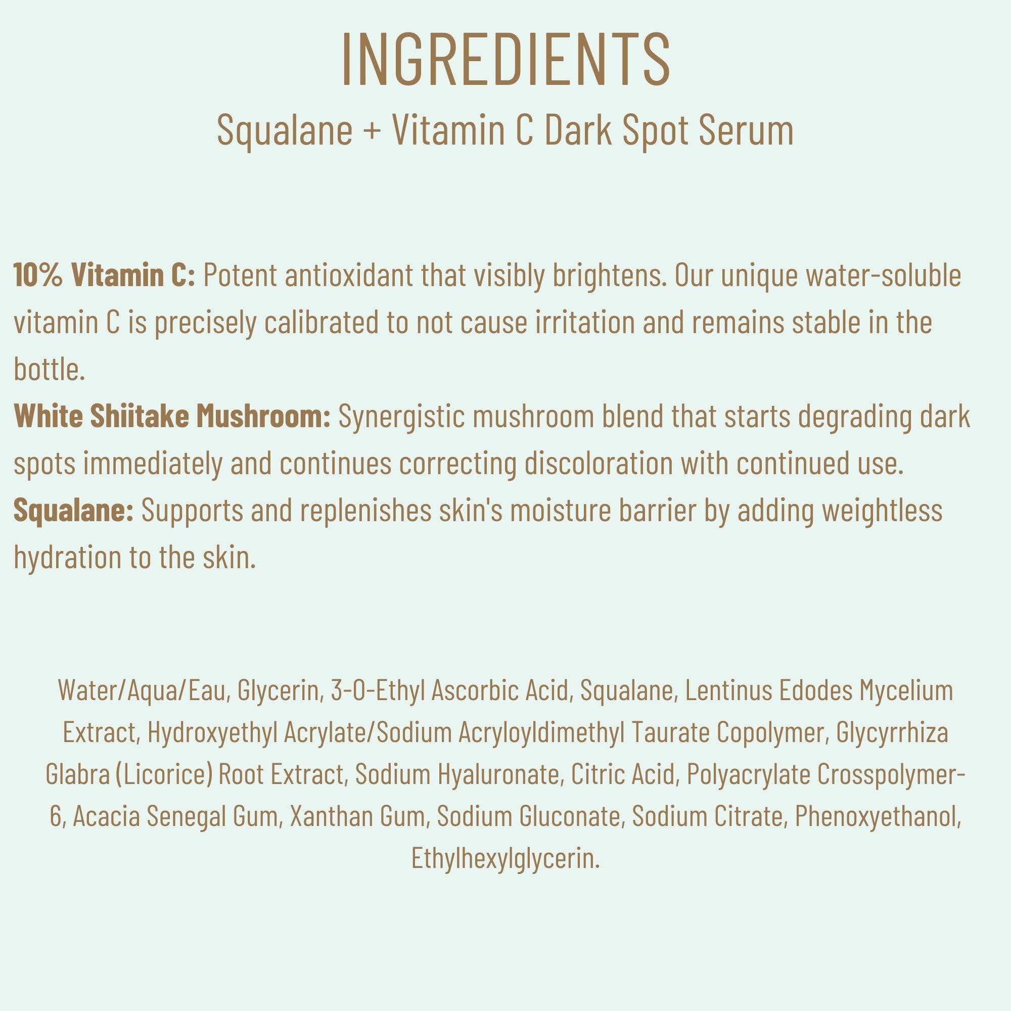 BIOSSANCE Squalane + Vitamin C Dark Spot Serum – 10% Vitamin C, White Shiitake, Fragrance-Free