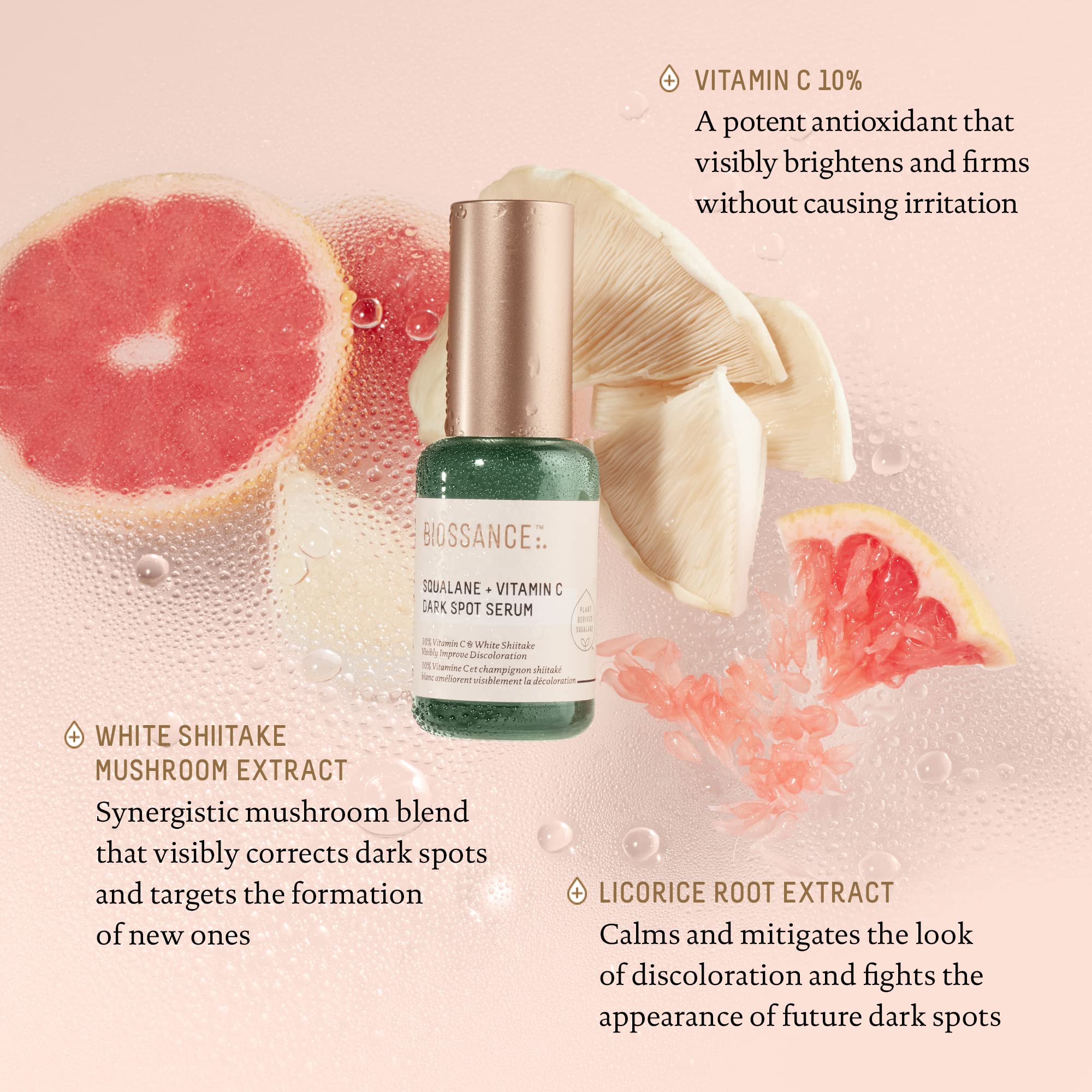 BIOSSANCE Squalane + Vitamin C Dark Spot Serum – 10% Vitamin C, White Shiitake, Fragrance-Free