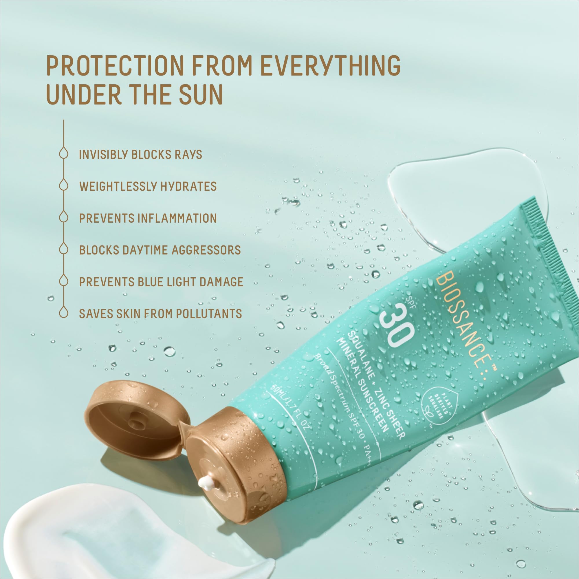 BIOSSANCE Squalane + Zinc Sheer Mineral Sunscreen Lotion SPF 30 – Dewy, Lightweight Hydration & Primer