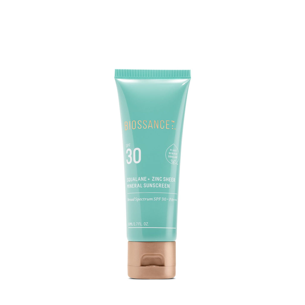 BIOSSANCE Squalane + Zinc Sheer Mineral Sunscreen Lotion SPF 30 – Dewy, Lightweight Hydration & Primer
