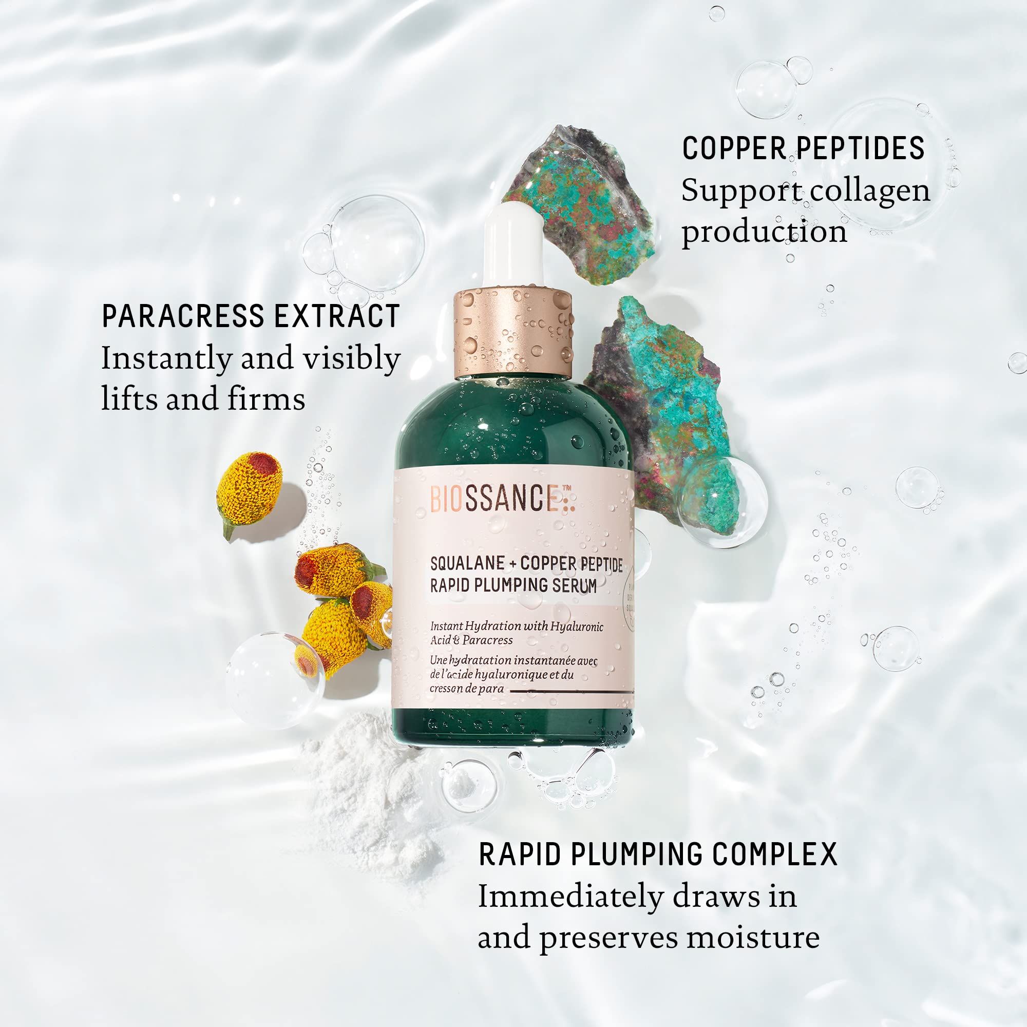 BIOSSANCE Squalane + Copper Peptide Rapid Plumping Serum – Hydration, Firming, 1.69oz