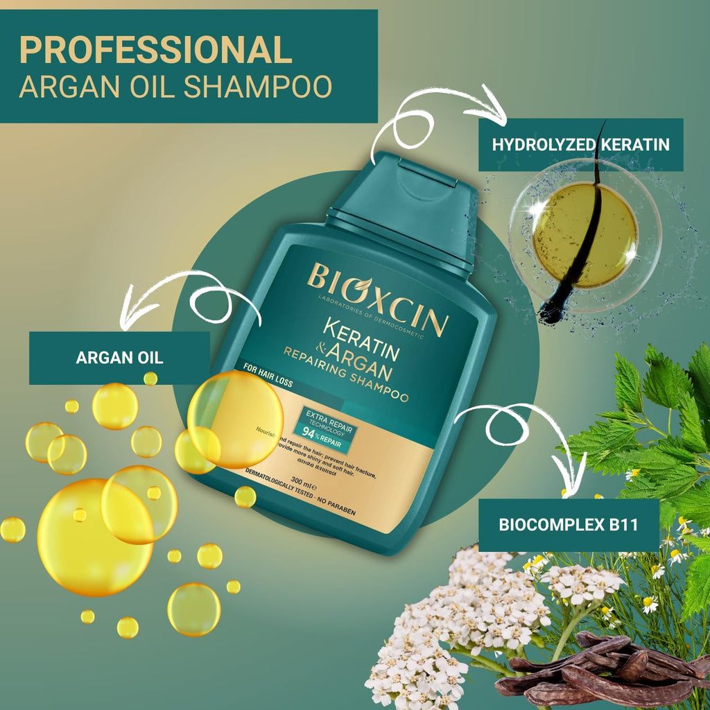 BIOXCIN Keratin & Argan Repair Shampoo – Bond Repair, Anti-Hair Loss & Growth Support, Sulfate-Free, 3 x 300 ml