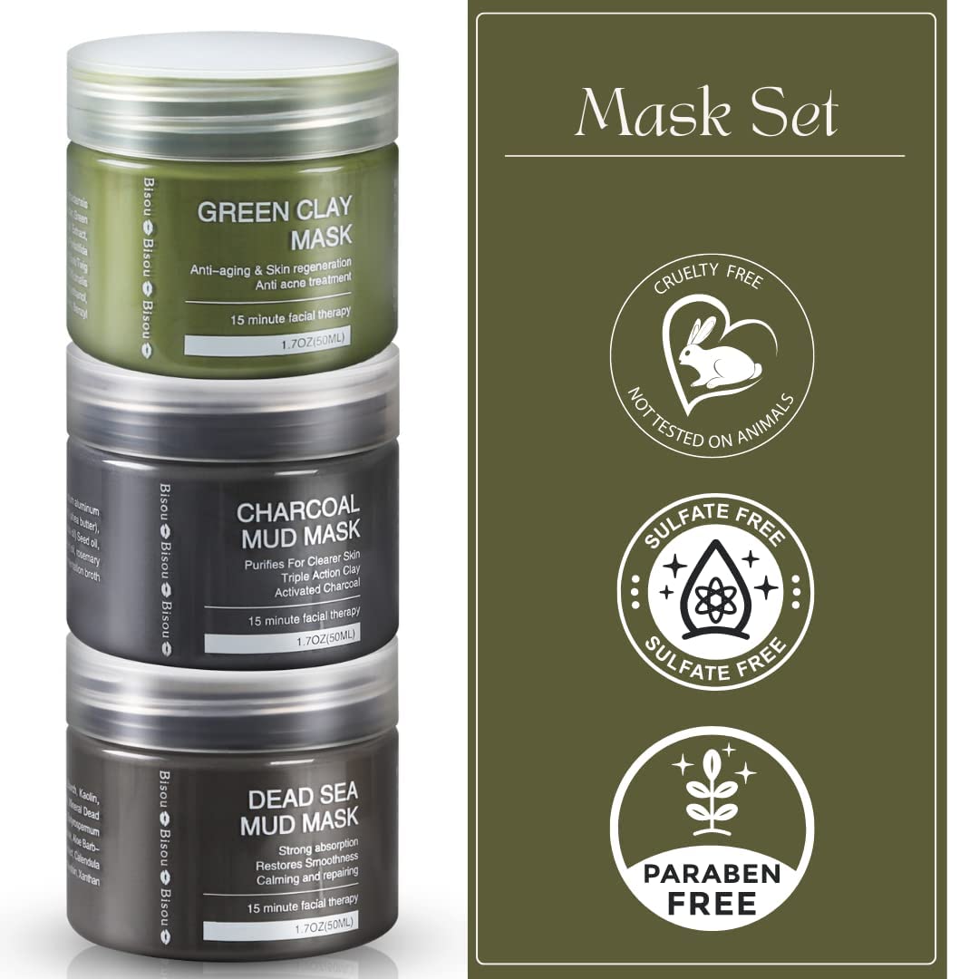Bisou Bisou Bisou Clay, Dead Sea Mud & Charcoal Gel Face Mask Trio – Deep Cleansing & pH Balanced