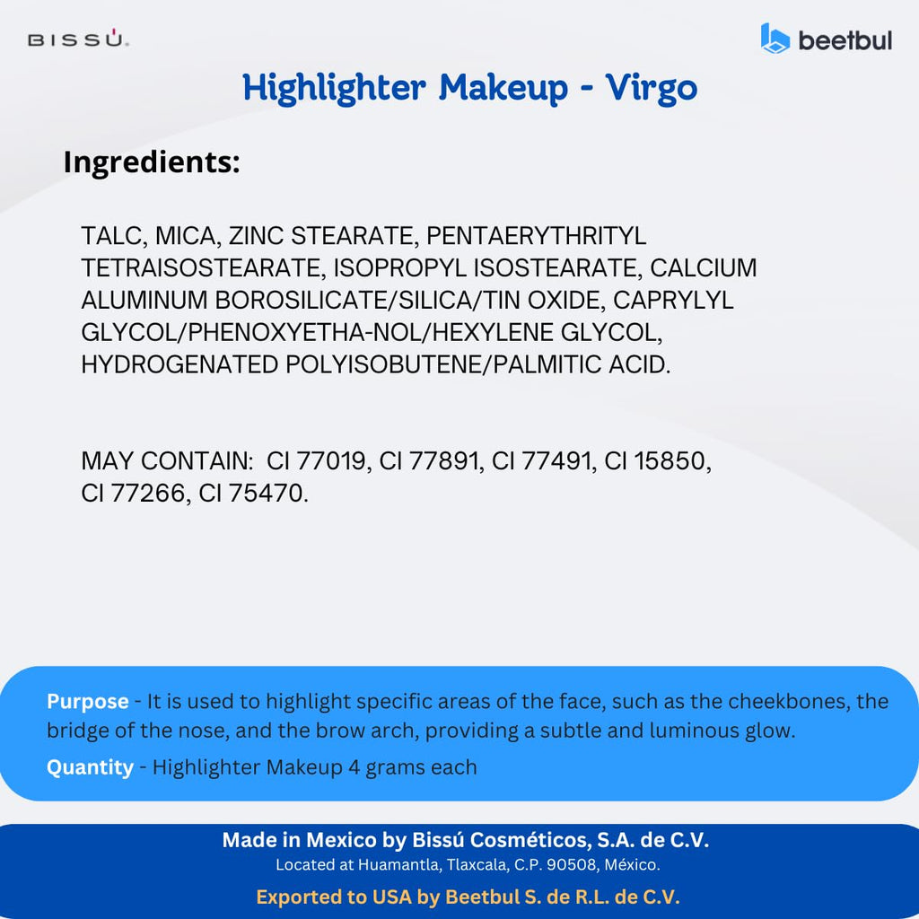 Bissú Powder Highlighter Makeup – Lightweight Silky Formula, 10 Shades (06 Virgo) – 4.5 g