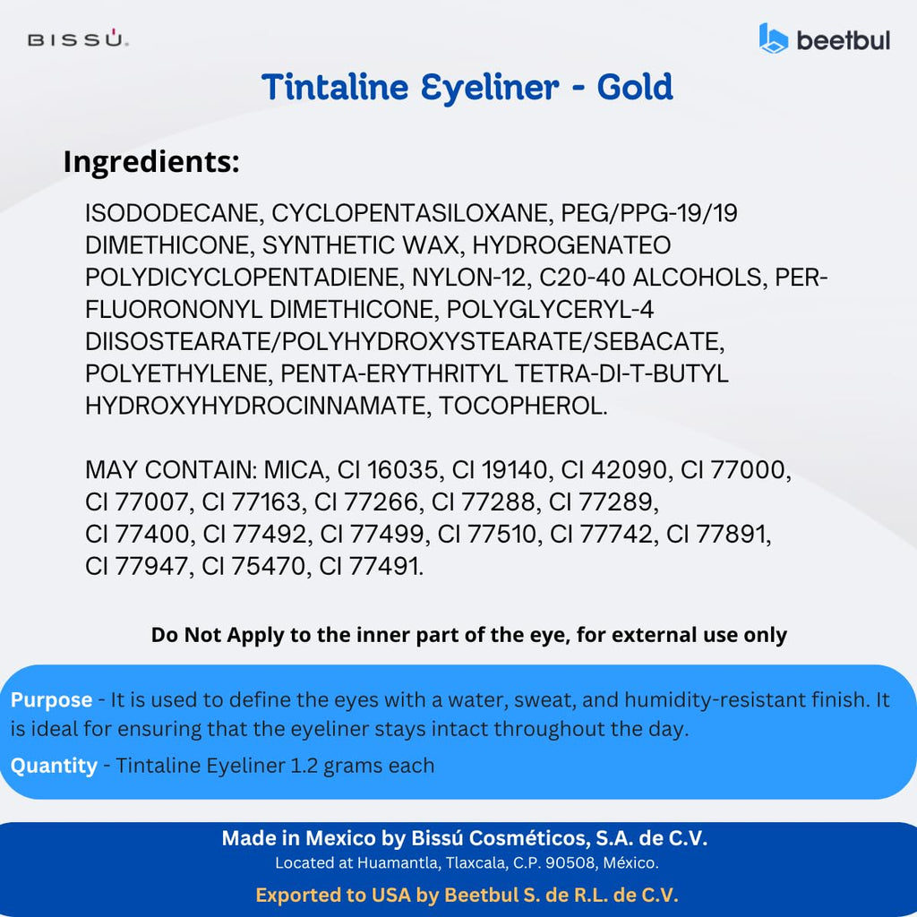 Bissú Tintaline Eyeliner - 25 Vivid Colors, High-Coverage, Long-Lasting & Smudge-Proof (Gold)